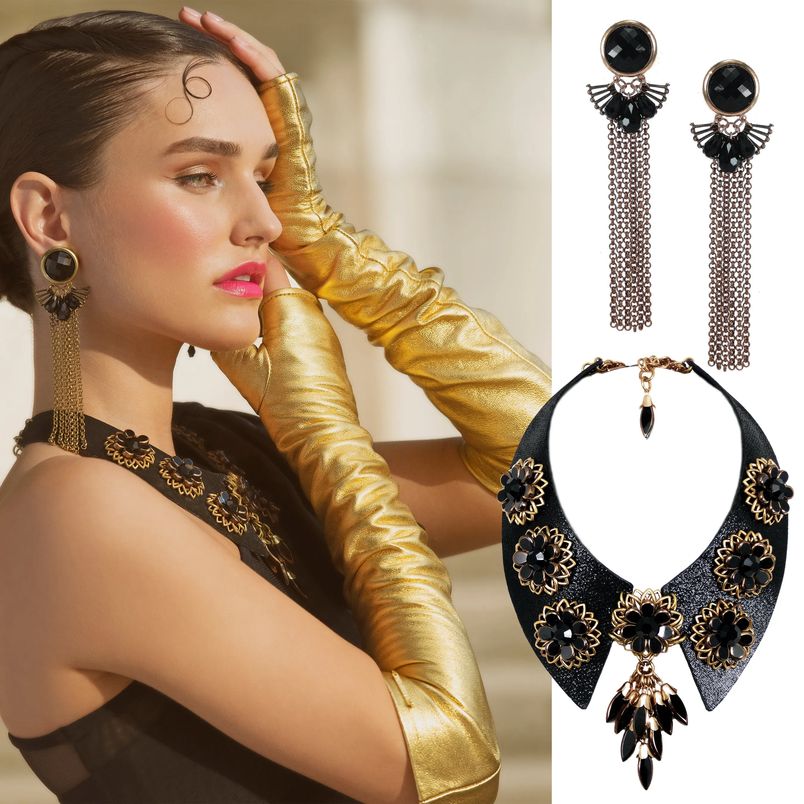 #1015n Black Leather Collar With Jet & Gold Tone Floral Detail