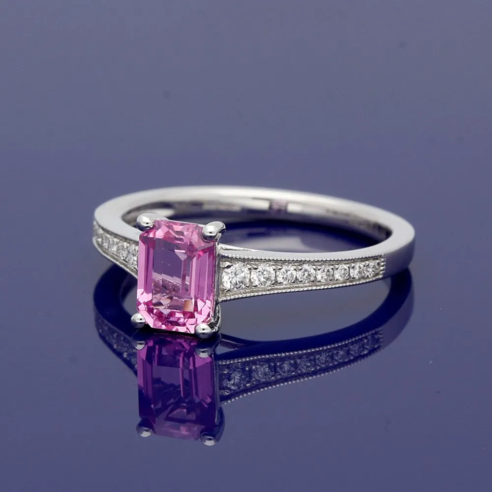 18ct White Gold Pink Sapphire Ring with Diamond Set Shoulders