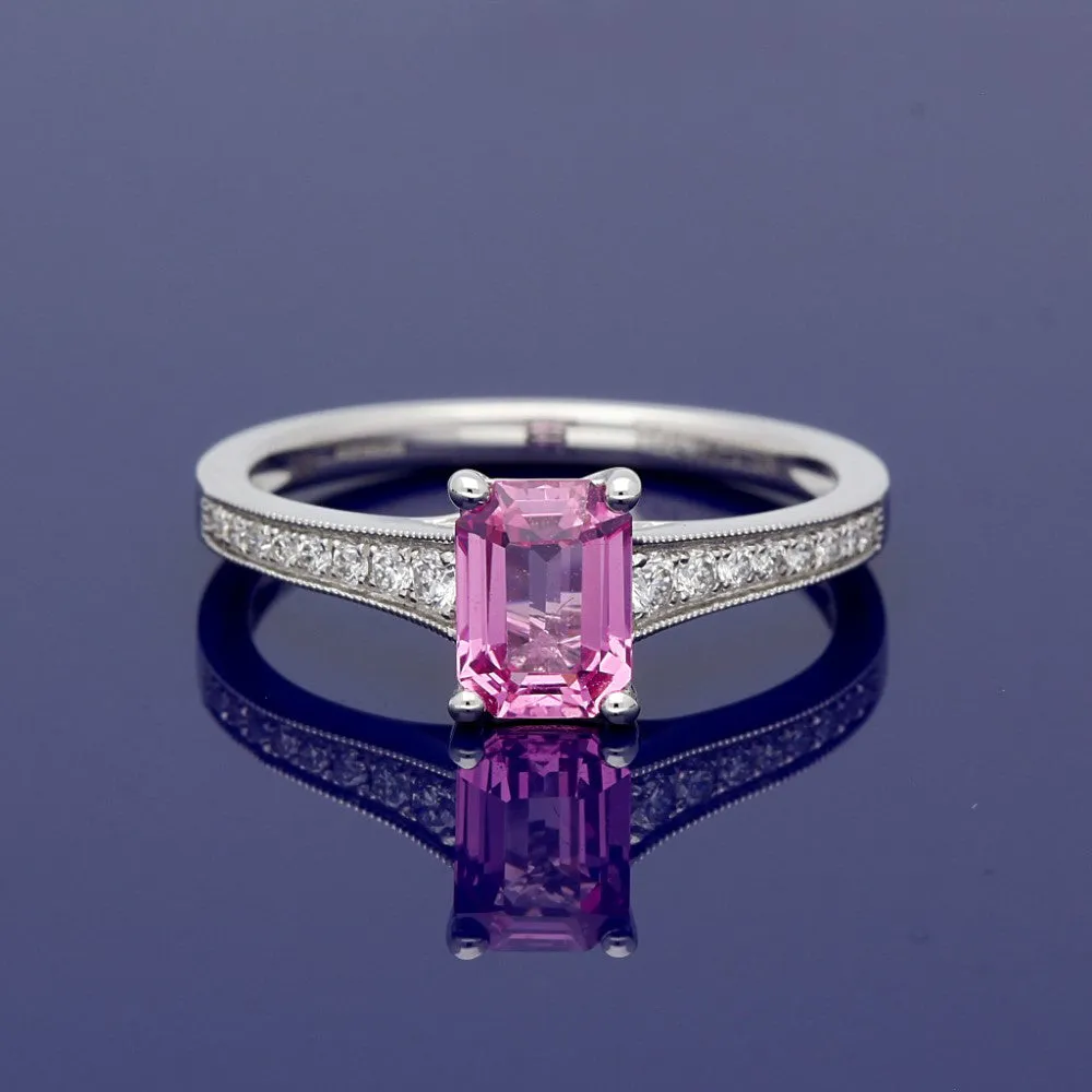 18ct White Gold Pink Sapphire Ring with Diamond Set Shoulders