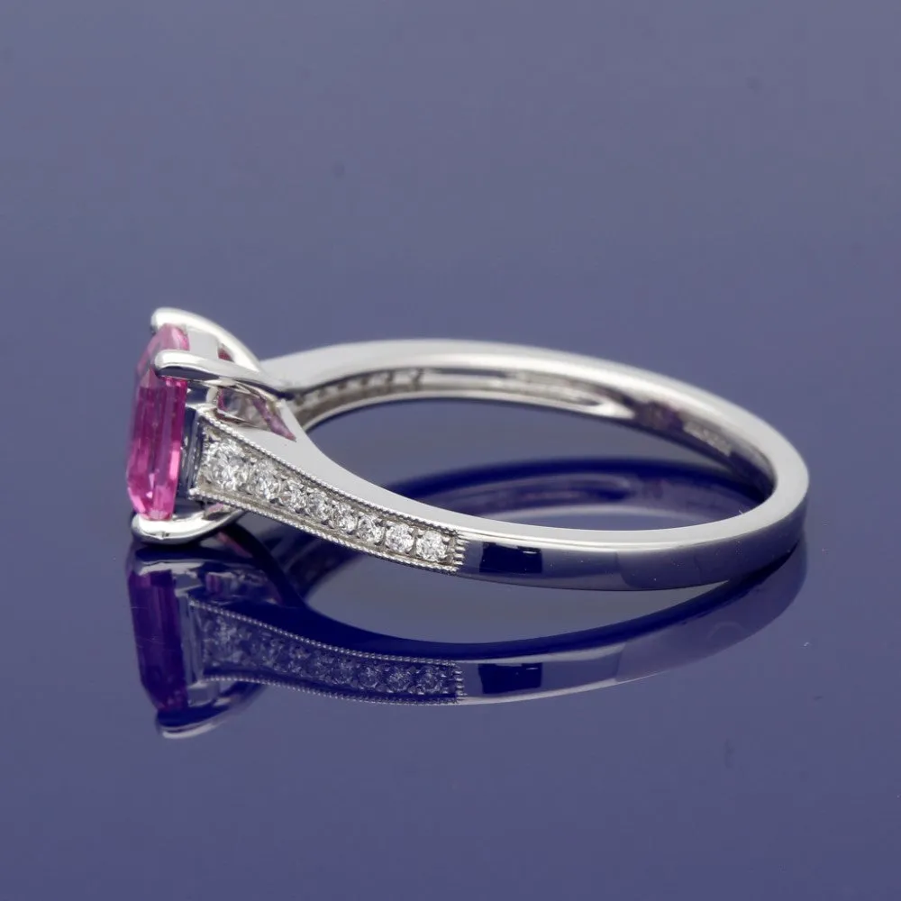 18ct White Gold Pink Sapphire Ring with Diamond Set Shoulders