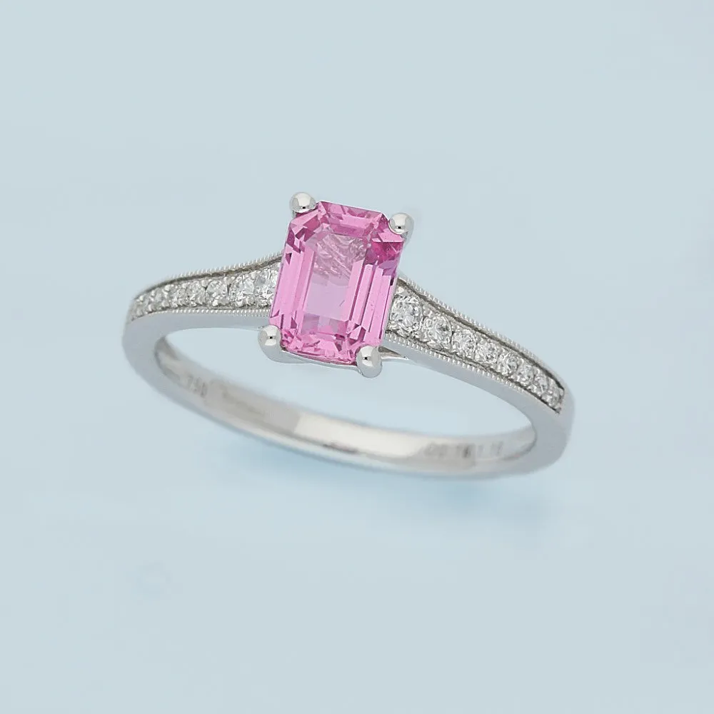 18ct White Gold Pink Sapphire Ring with Diamond Set Shoulders