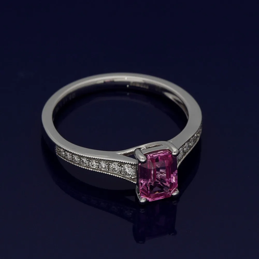 18ct White Gold Pink Sapphire Ring with Diamond Set Shoulders