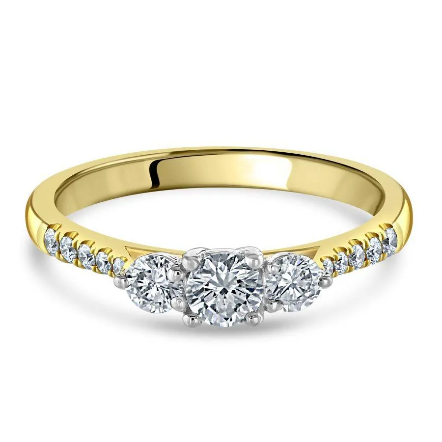 18ct Yellow Gold Round Brilliant Cut Diamond Trilogy Ring with Diamond Shoulders