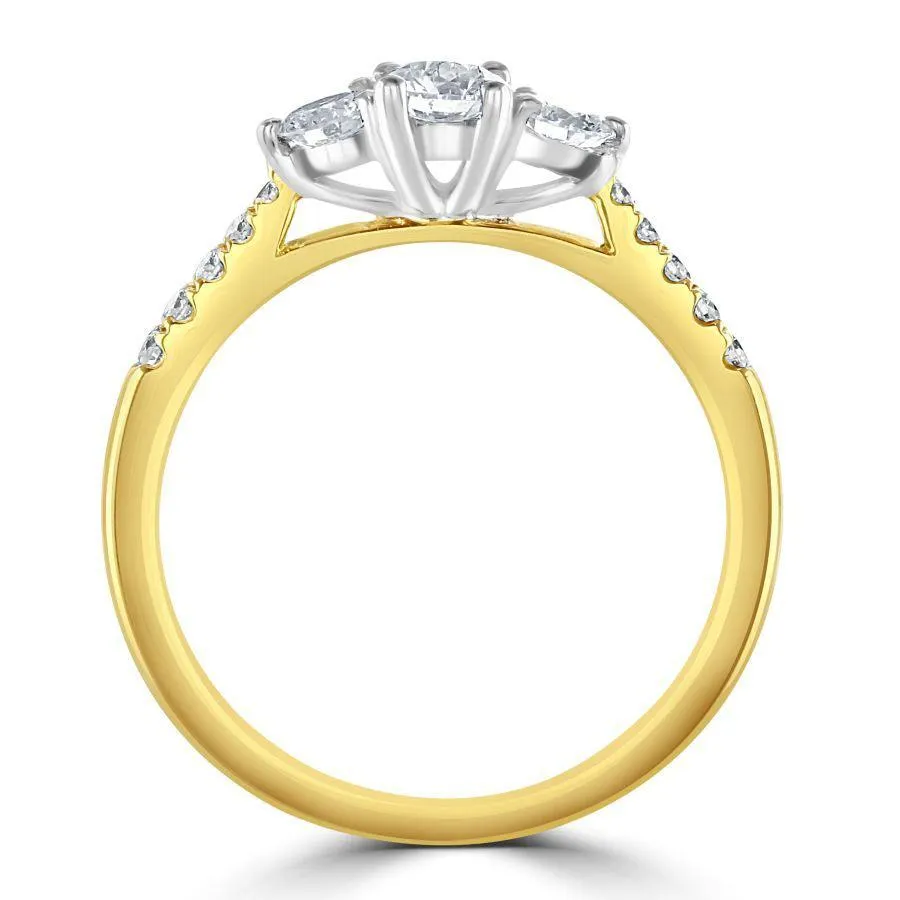 18ct Yellow Gold Round Brilliant Cut Diamond Trilogy Ring with Diamond Shoulders