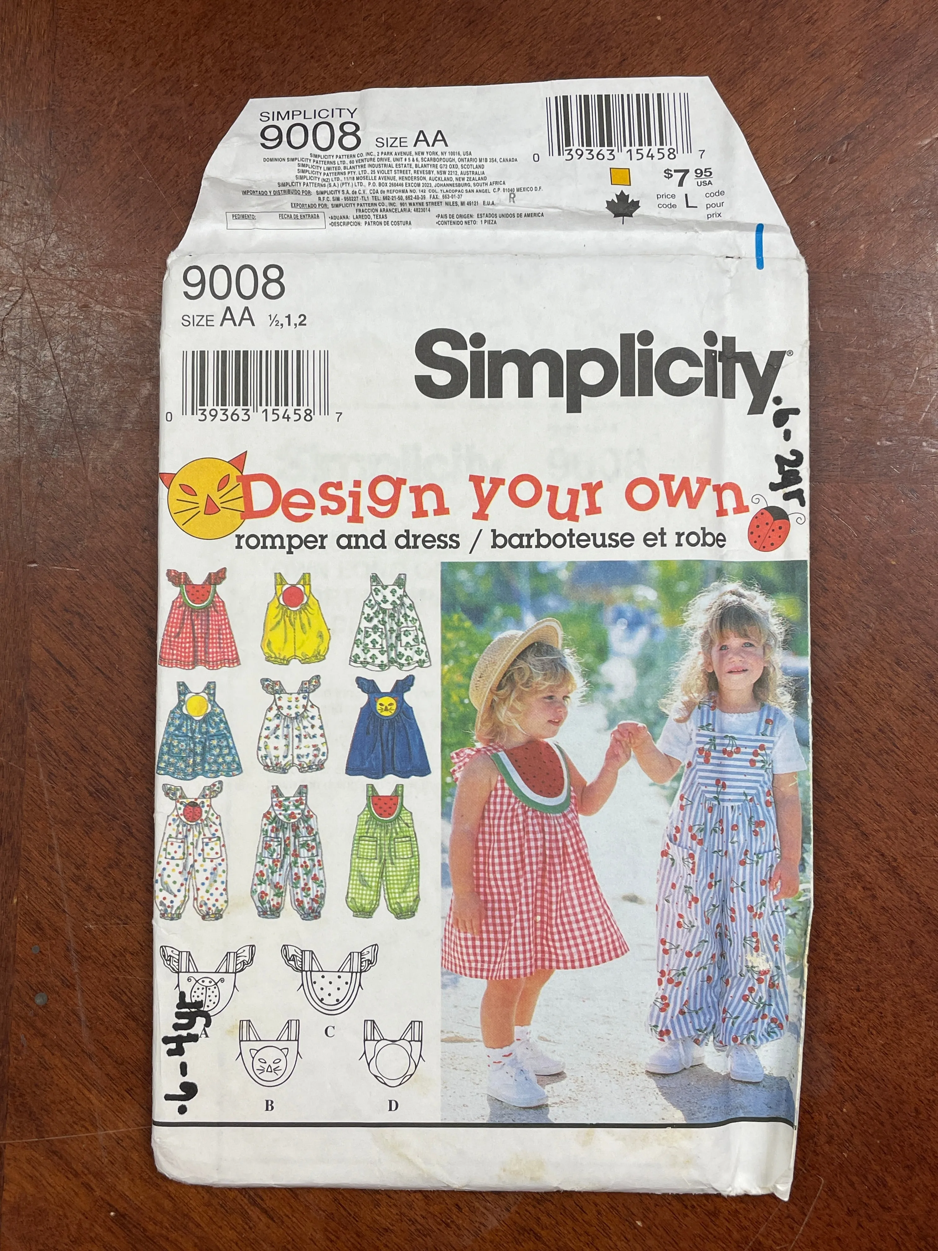 1996 Simplicity 9008 Pattern - Toddlers' Rompers and Dress FACTORY FOLDED