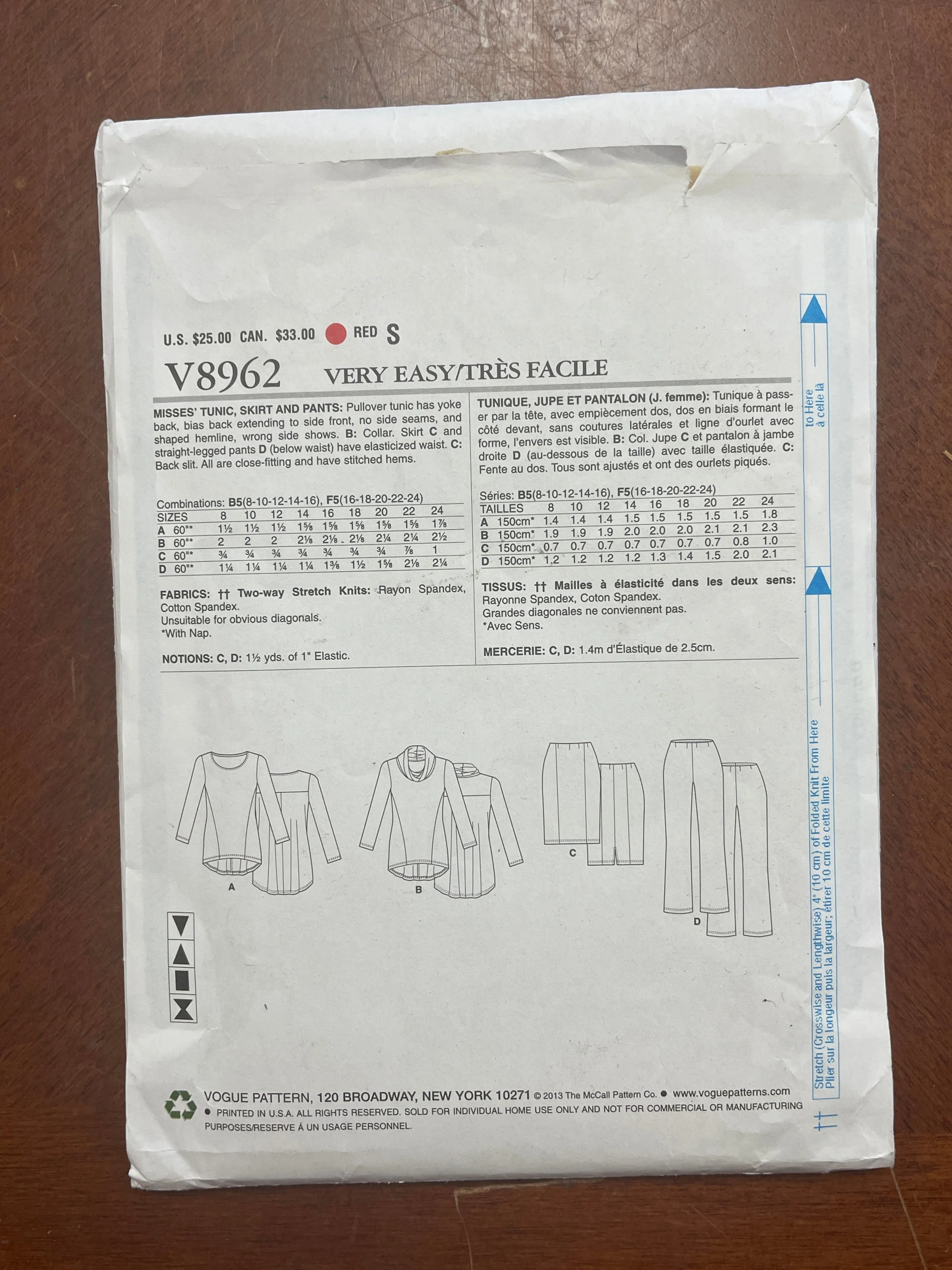 2013 Vogue 8962 Sewing Pattern - Tunic, Skirt and Pants