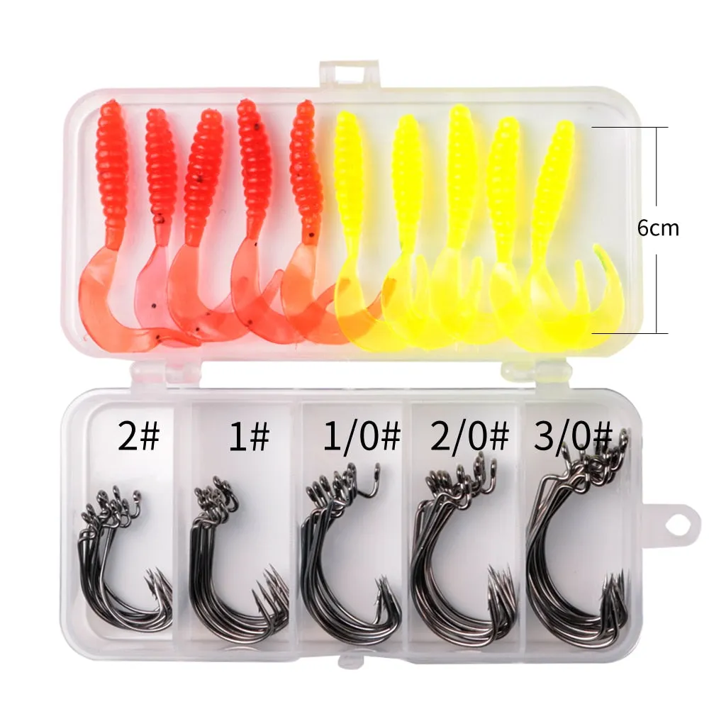 60 Pc Hooks and Soft Lures for Saltwater and Freshwater Fishing