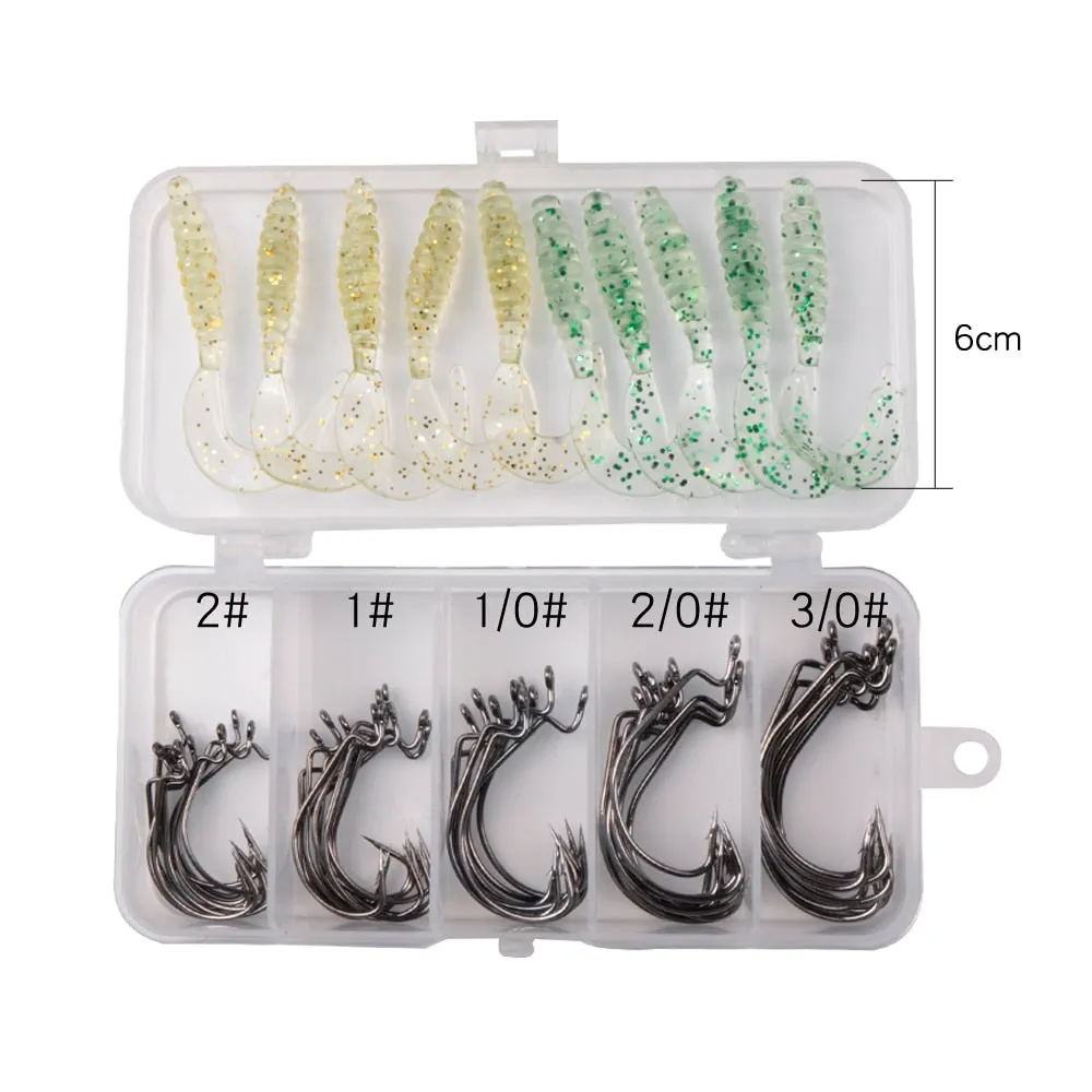 60 Pc Hooks and Soft Lures for Saltwater and Freshwater Fishing