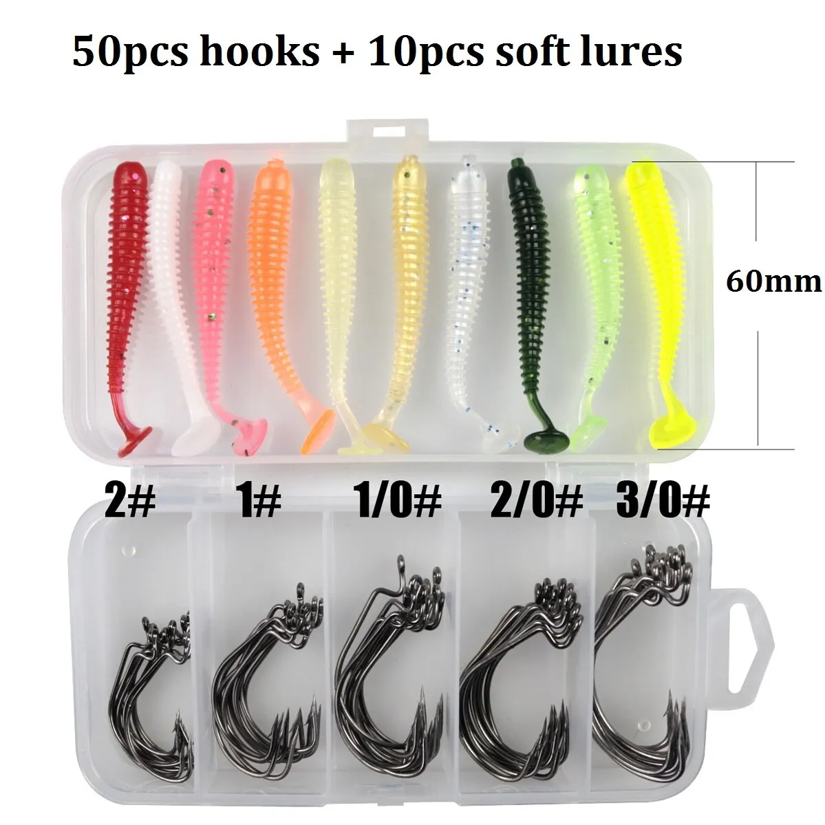 60 Pc Hooks and Soft Lures for Saltwater and Freshwater Fishing