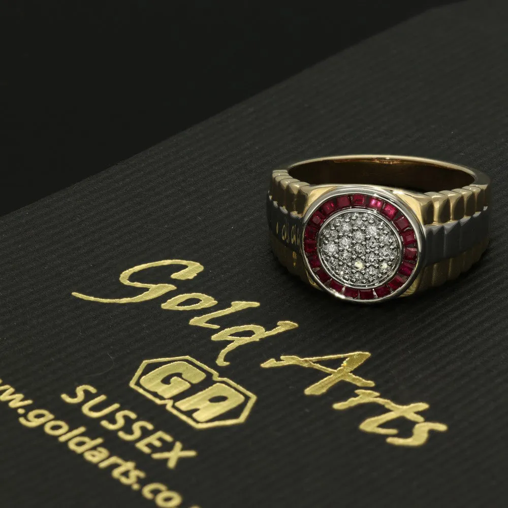 9ct Gold Men's Two Tone Ruby and Diamond Rolex Ring