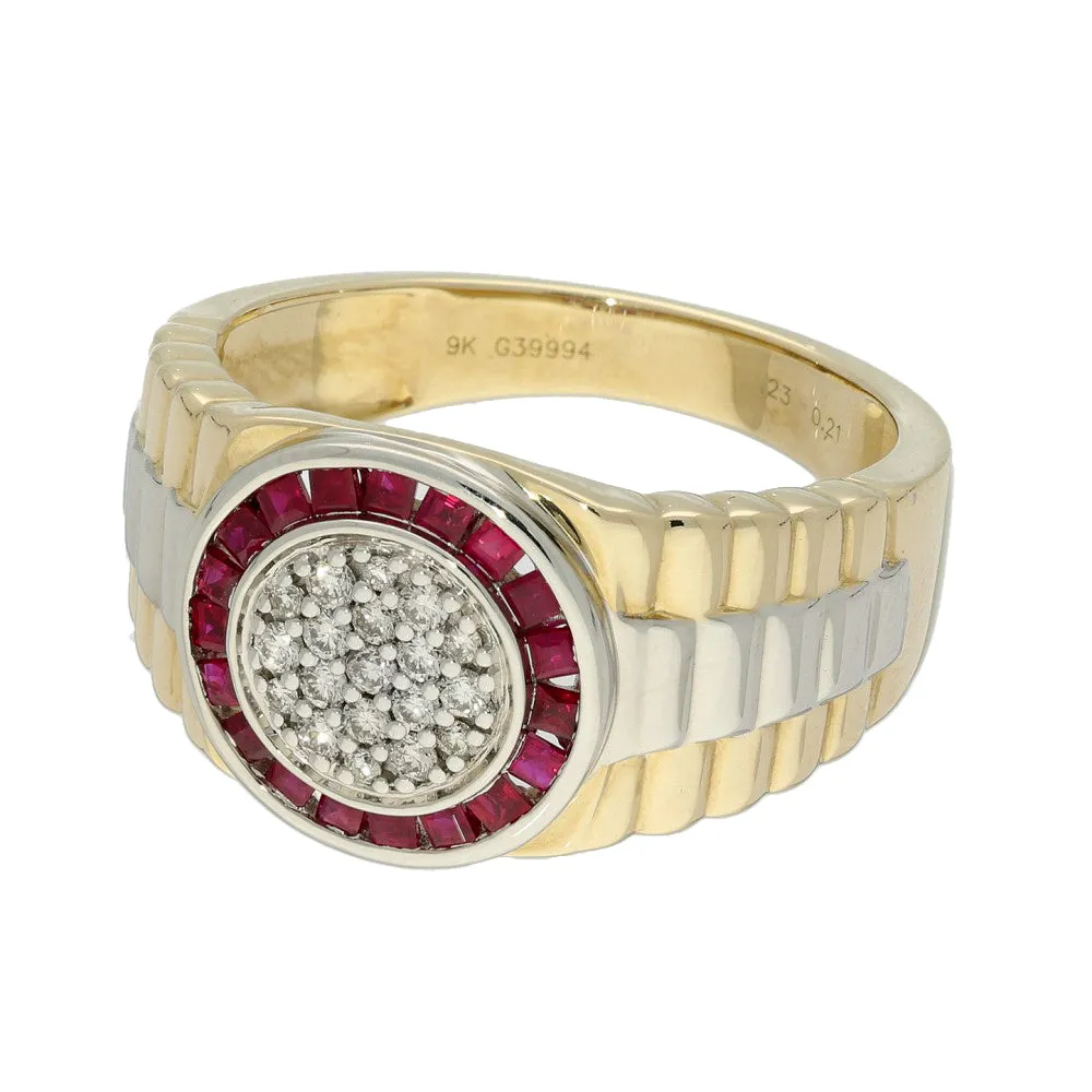 9ct Gold Men's Two Tone Ruby and Diamond Rolex Ring