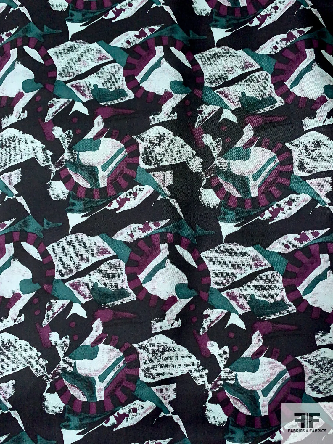 Abstract Graphic Printed Vintage Silk Twill - Plum / Smoky Green / Black