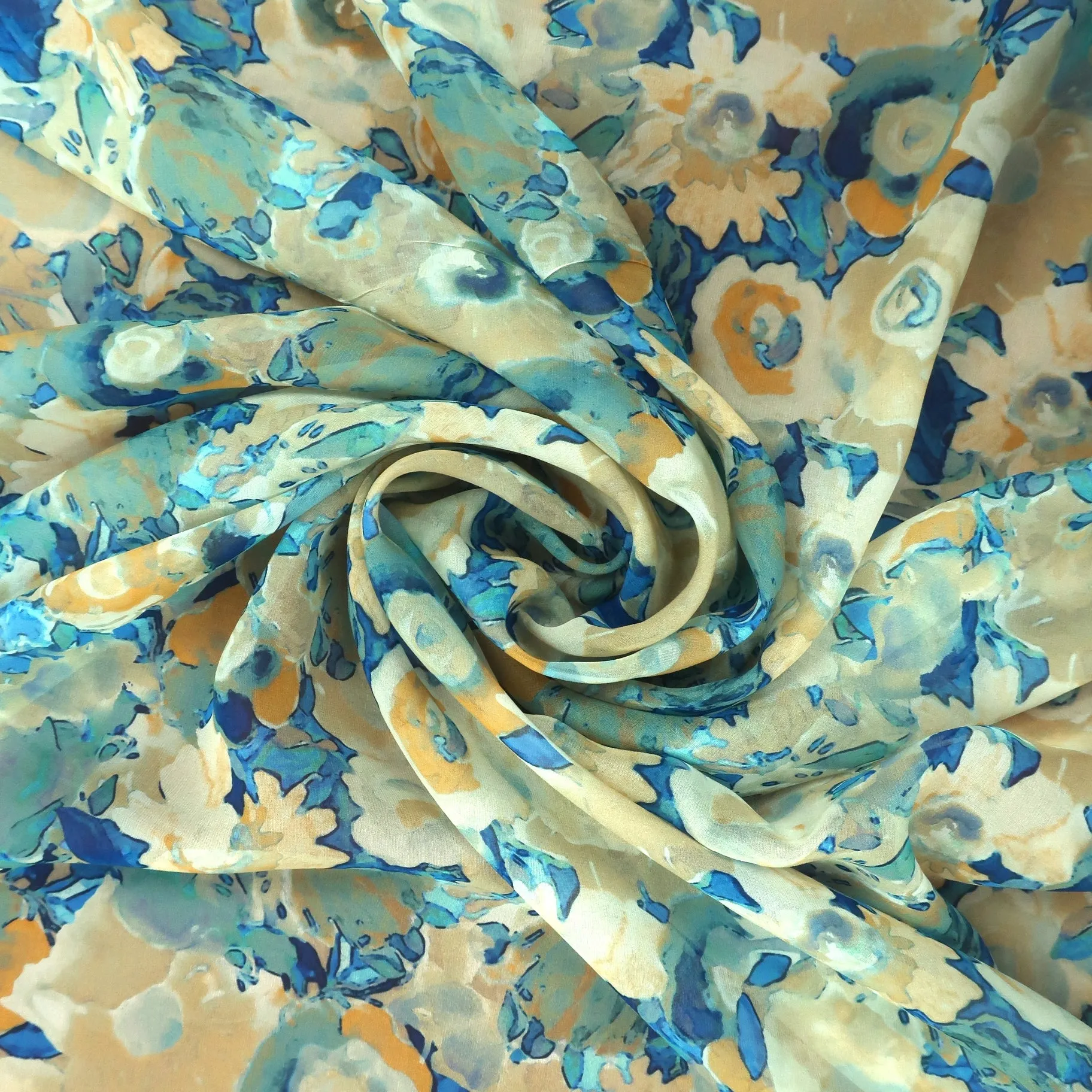 Beige with Blue Floral Polyester Georgette Gala Fabric