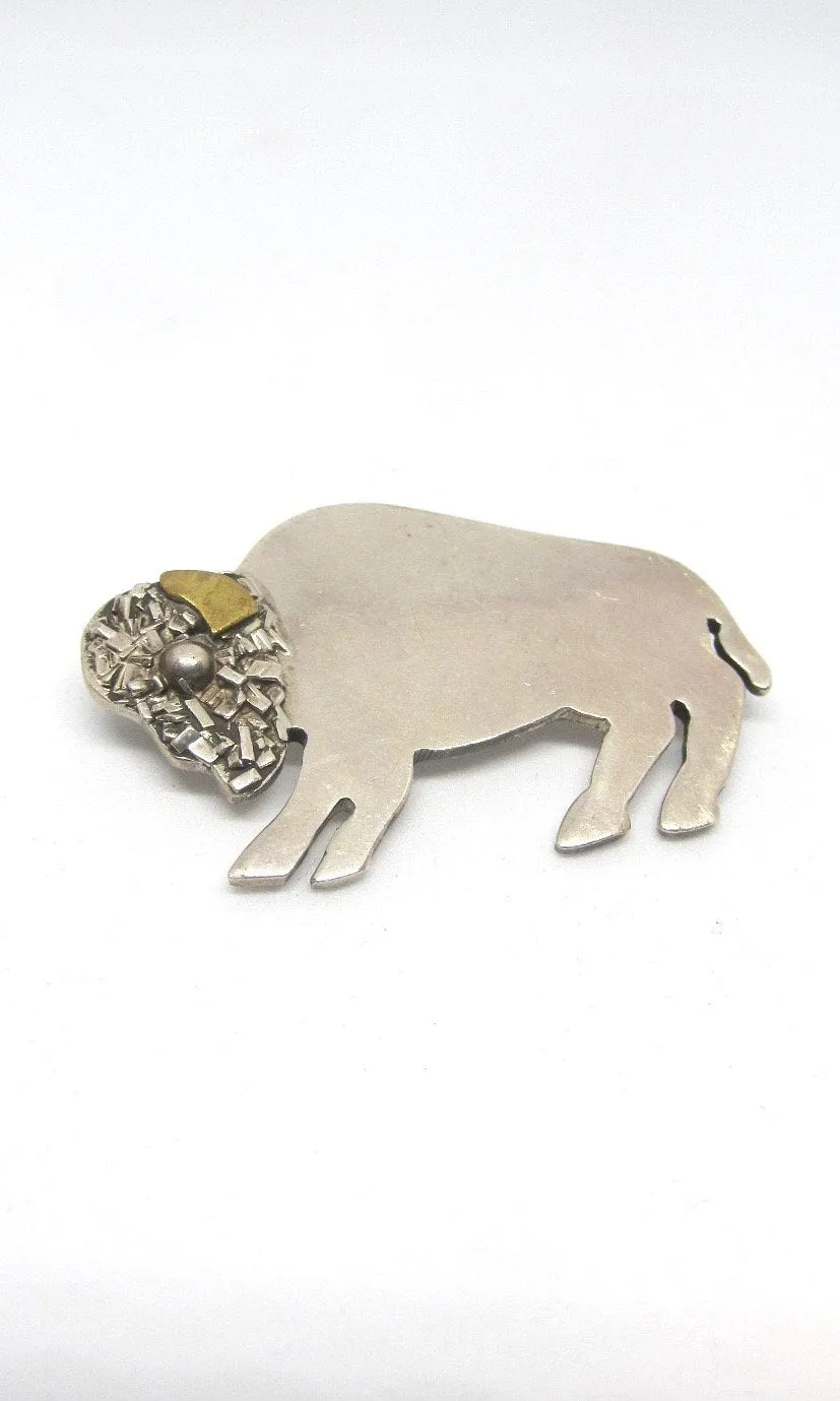 BUFFALO GAL  1990s TM-140 Mexican 925 Sterling Silver and Brass American Bison Brooch