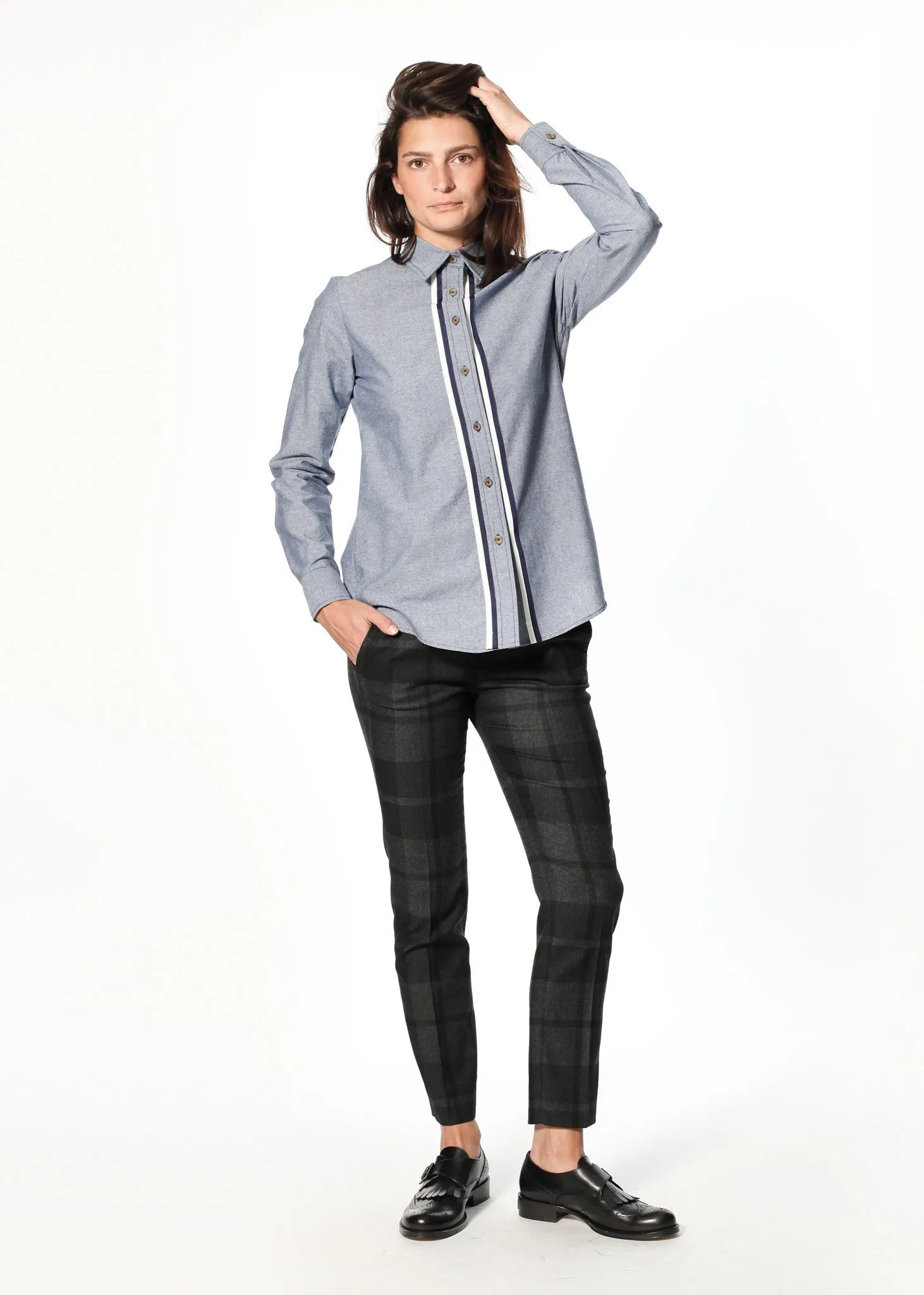 Chambray Boyfriend Shirt in Blue -UEB