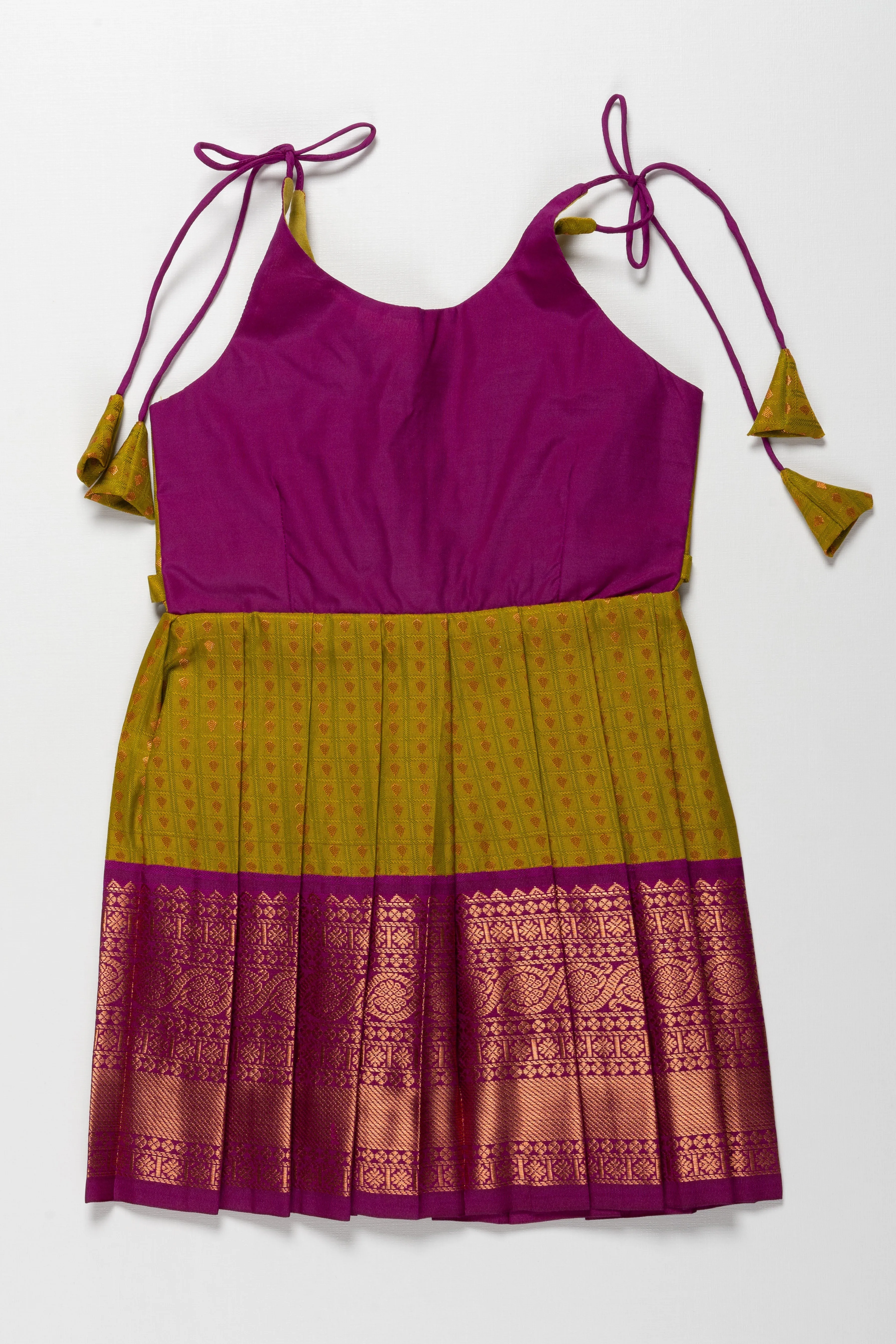 Charming Pink and Green Silk Tie-Up Frock for Kovil Vizha and Namakarana