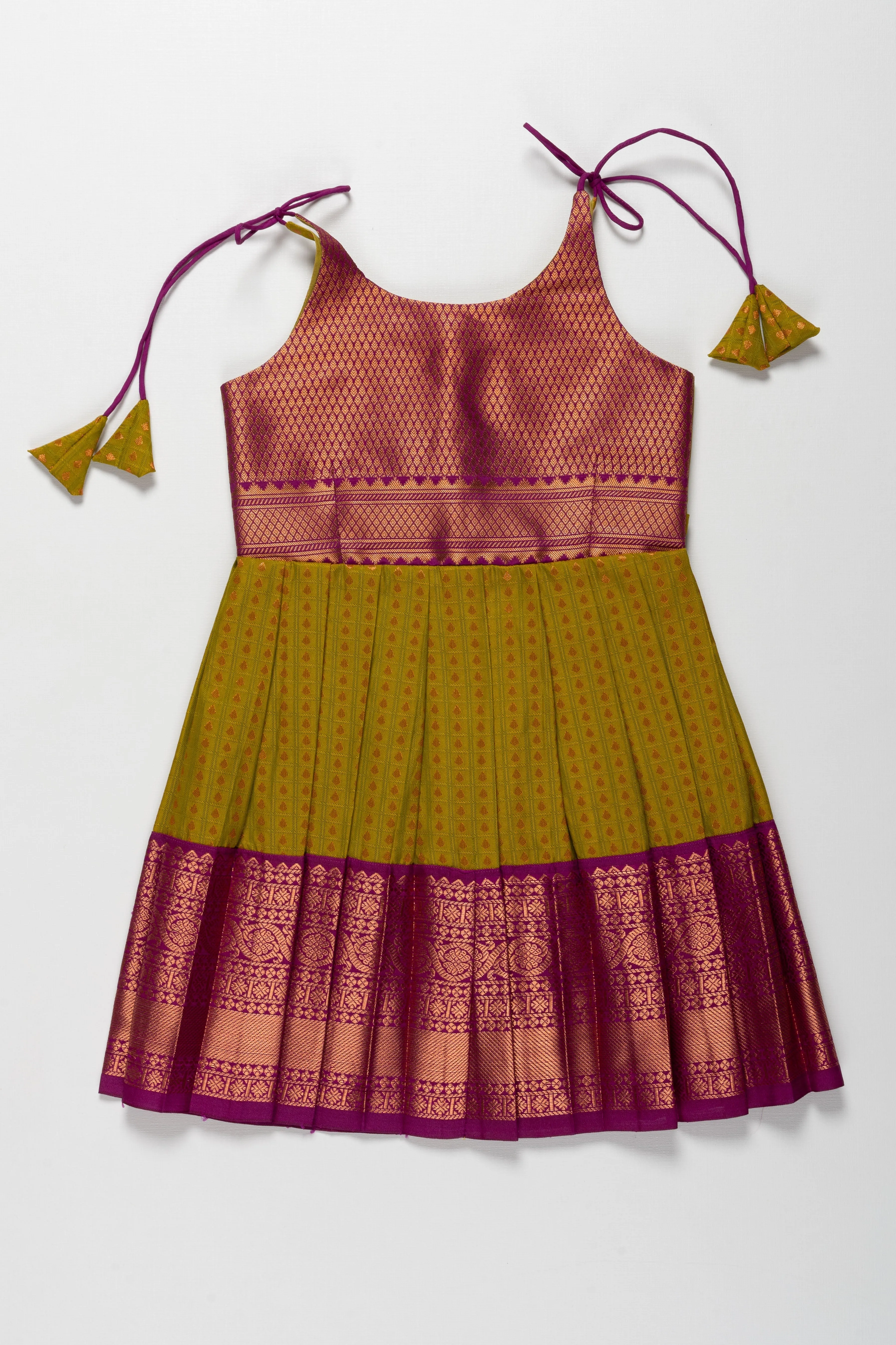 Charming Pink and Green Silk Tie-Up Frock for Kovil Vizha and Namakarana