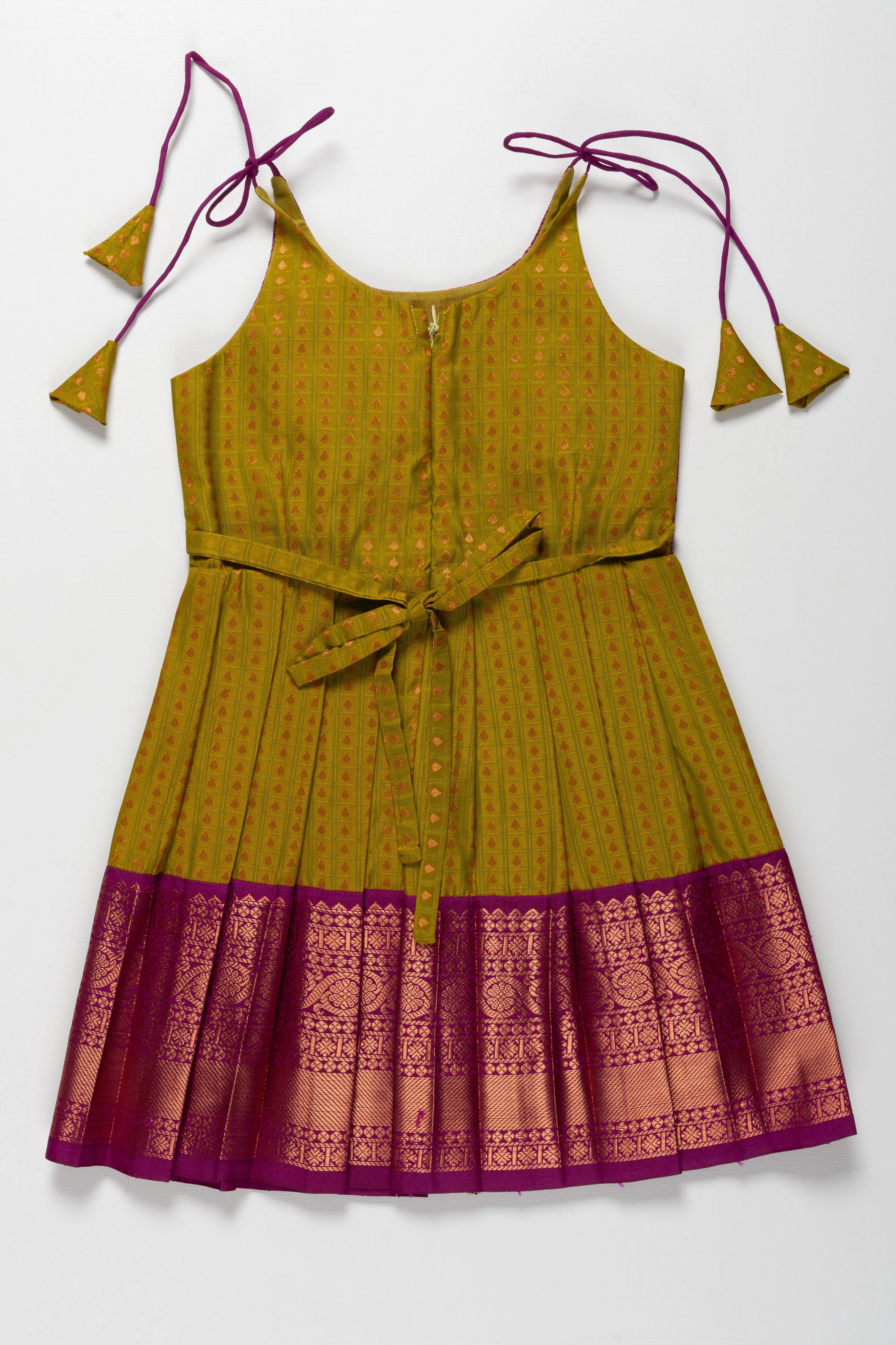 Charming Pink and Green Silk Tie-Up Frock for Kovil Vizha and Namakarana