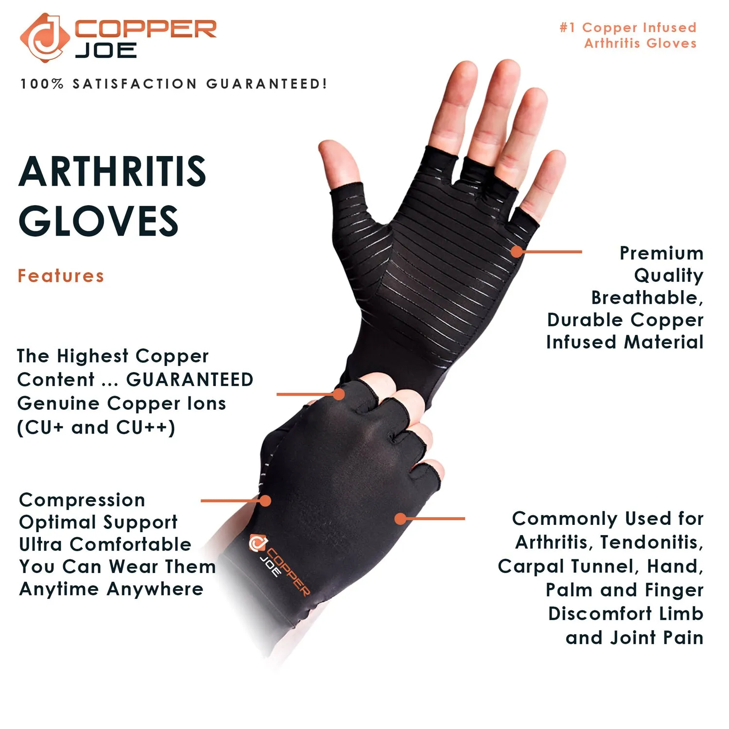 Copper Joe Half Finger Compression Arthritis Gloves