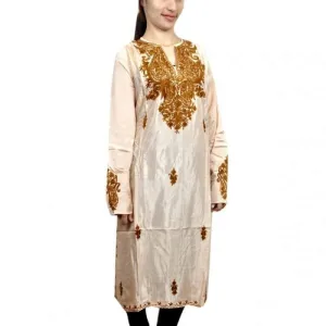 Delightful Peach Aari Work Kurti With Blooming Rust Aari Work Neckline