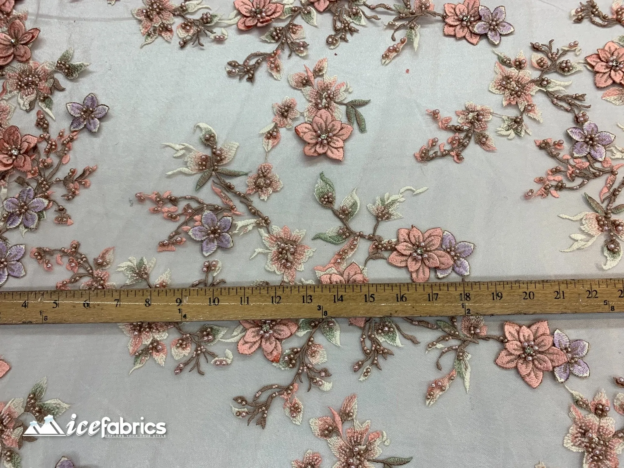 Embroidered Fabric/ 3D Flowers Beaded Fabric/ Lace Fabric/ Dusty Rose