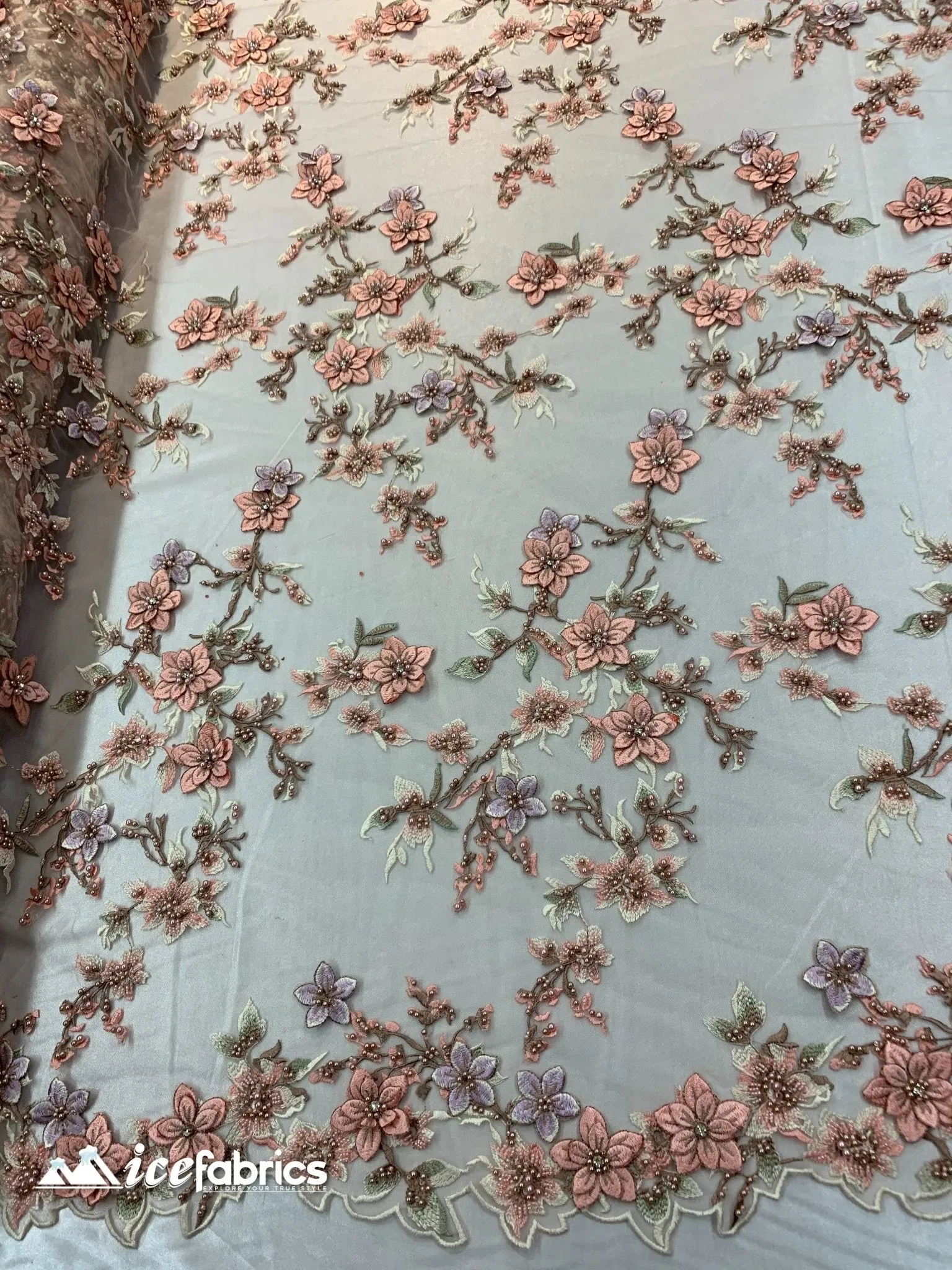 Embroidered Fabric/ 3D Flowers Beaded Fabric/ Lace Fabric/ Dusty Rose