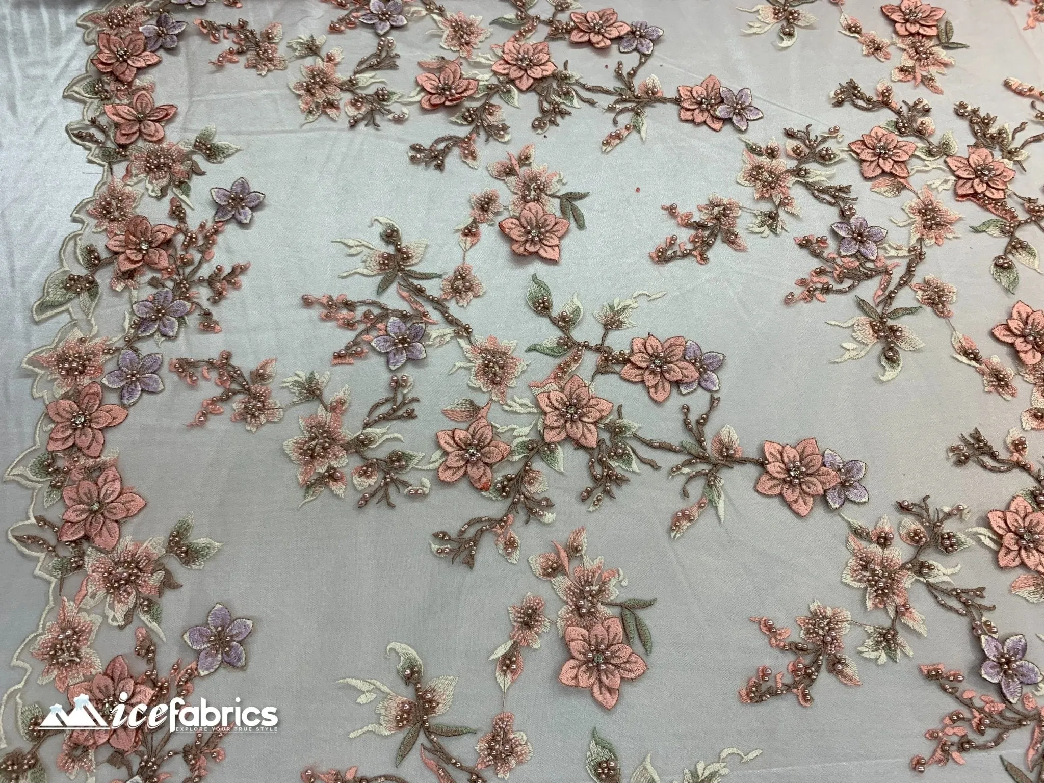 Embroidered Fabric/ 3D Flowers Beaded Fabric/ Lace Fabric/ Dusty Rose