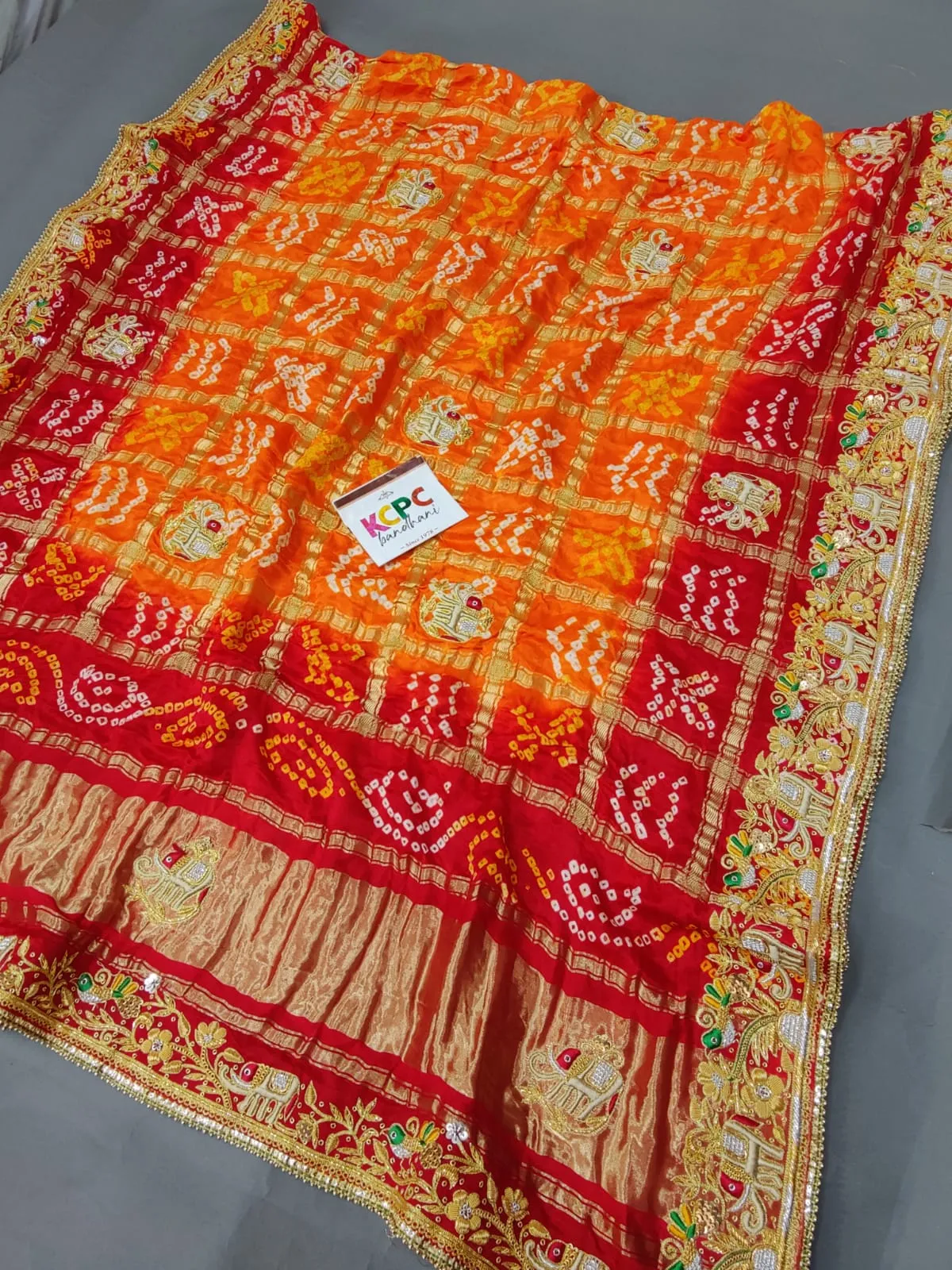 Ethnic Trending Pure Gaji Silk Bandhani Jardozi Work Ghatchola Chunri Pila Odhna in Aara Tari Handwork Pila (Red Orange)