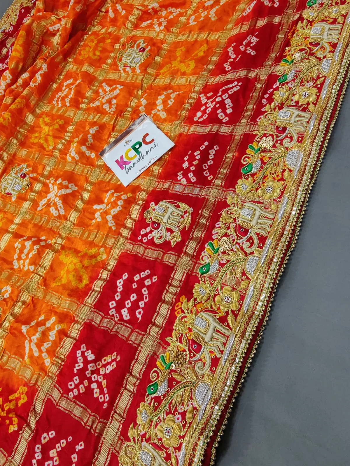 Ethnic Trending Pure Gaji Silk Bandhani Jardozi Work Ghatchola Chunri Pila Odhna in Aara Tari Handwork Pila (Red Orange)