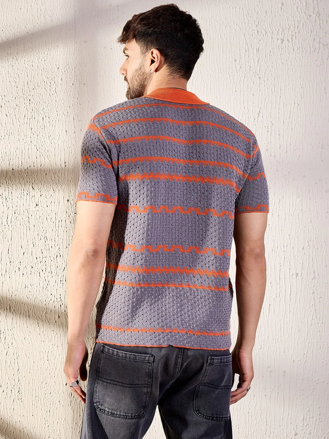 Grey And Orange Striped Crochet Shirt