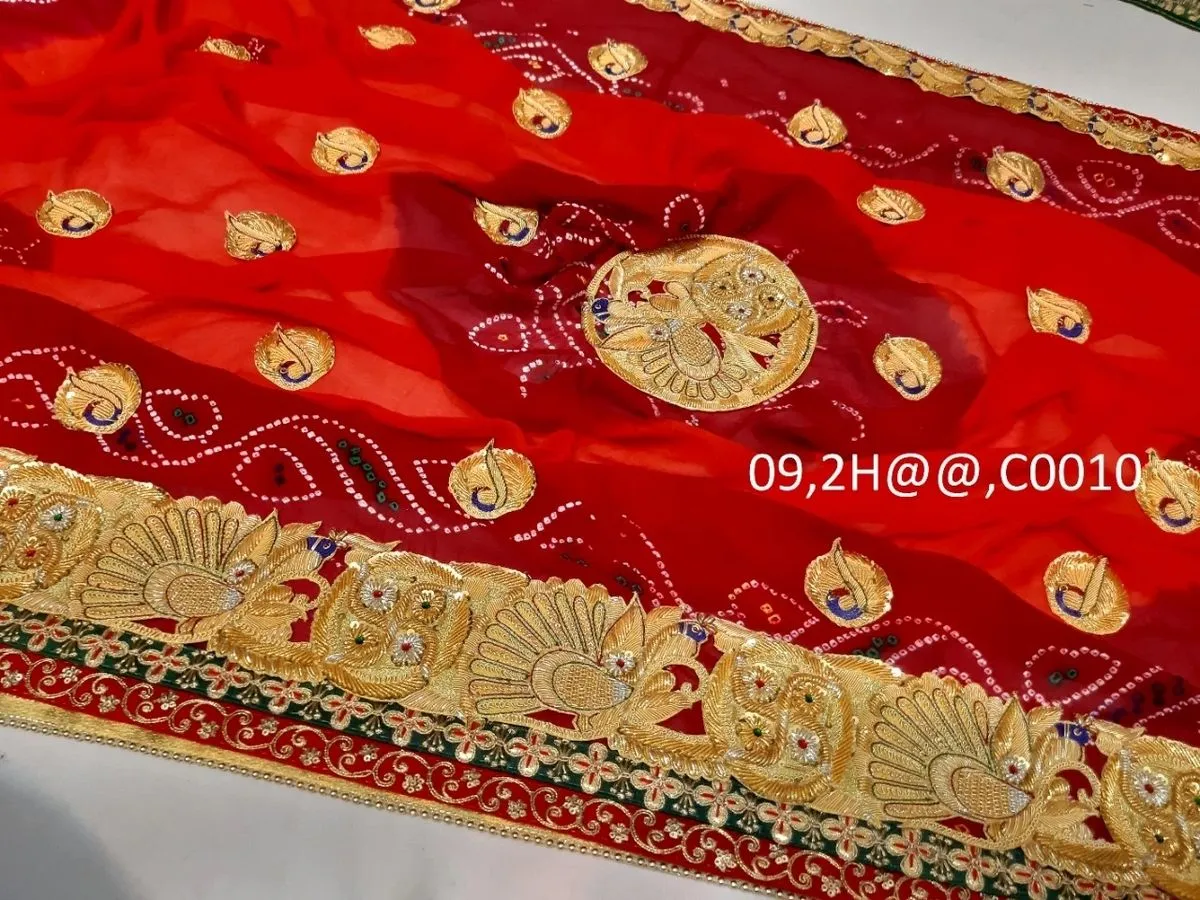 Latest Ethnic Indian Marriage Bridal Chunri Pila Odhna in peacock belbuti work, OR, KC Pila (Pure Georgette Fabric)