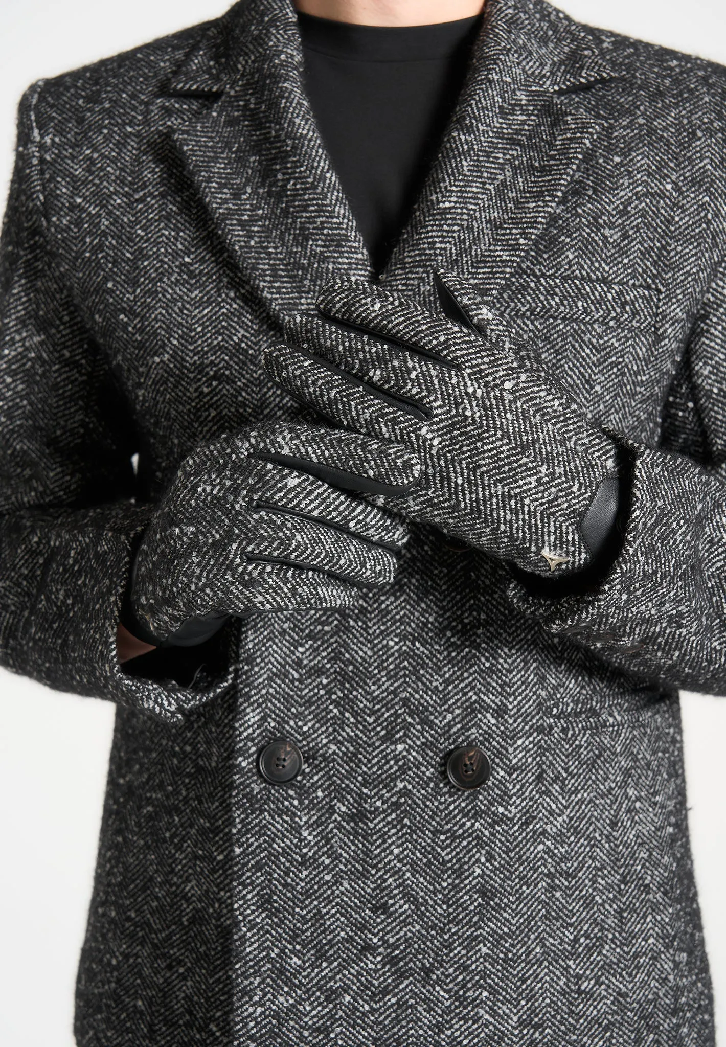 Leather and Herringbone Gloves - Black