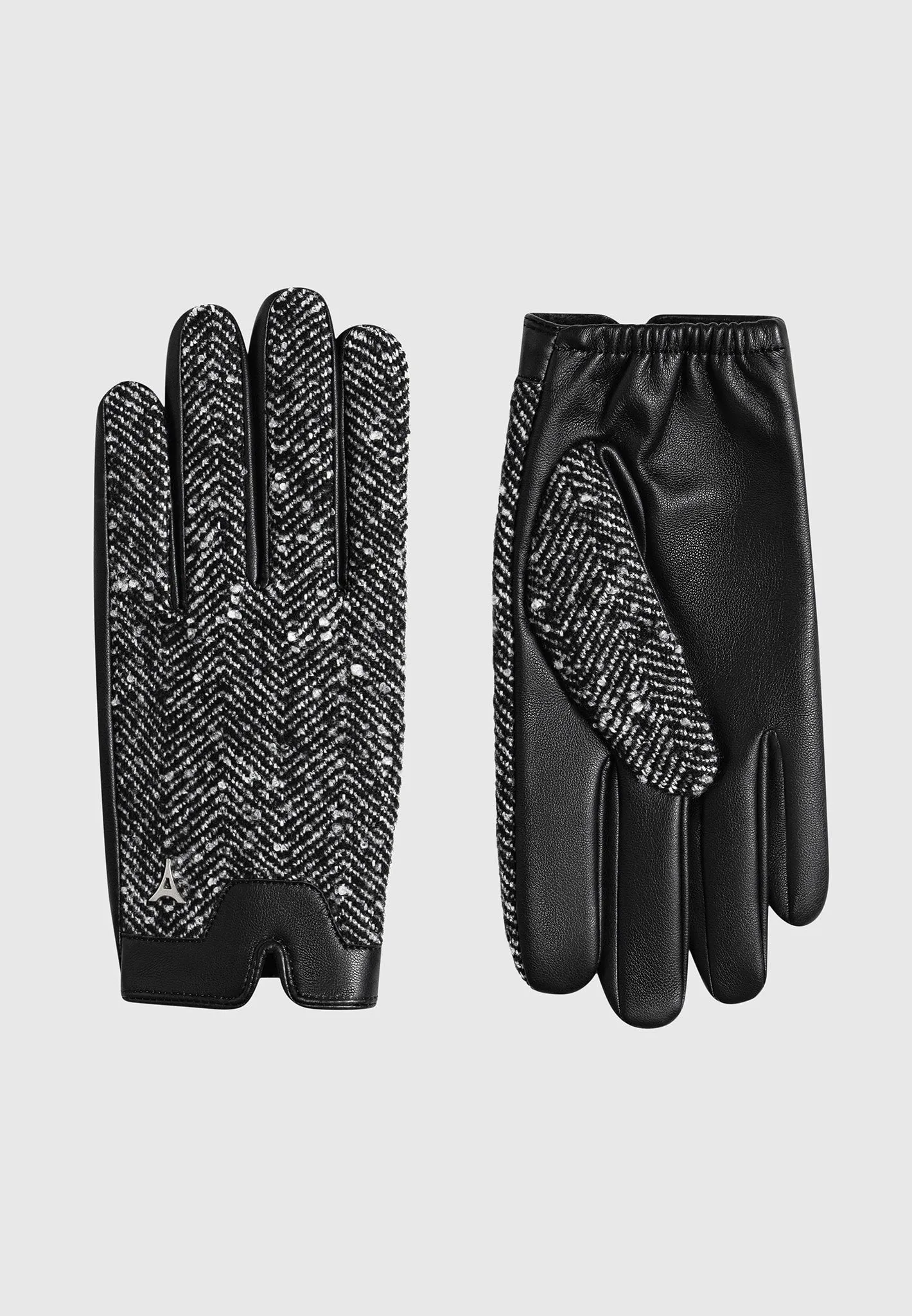 Leather and Herringbone Gloves - Black