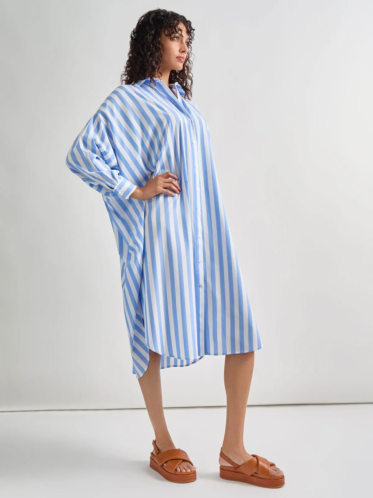 Midi Oversized Shirtdress - Striped Woven