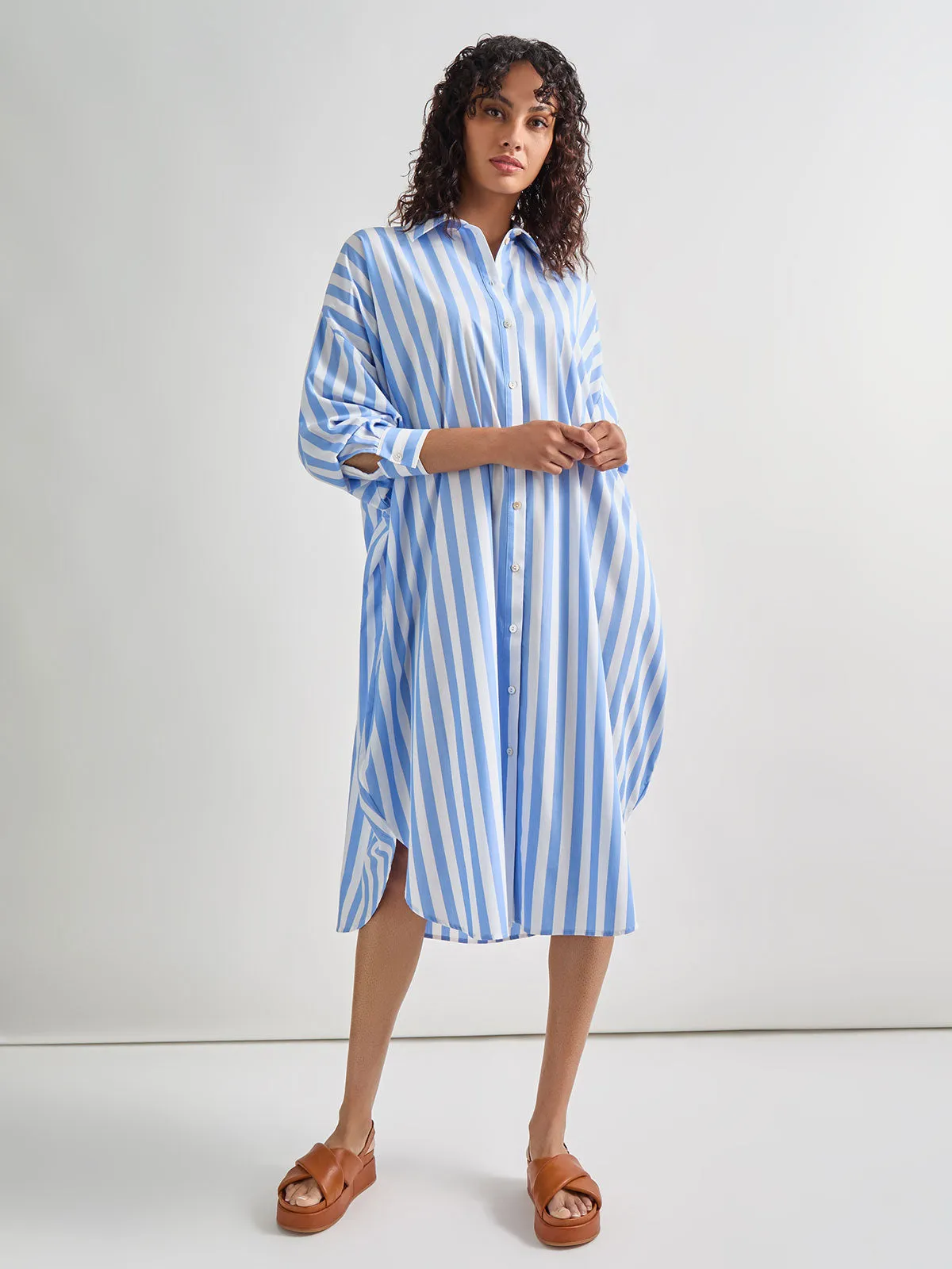 Midi Oversized Shirtdress - Striped Woven