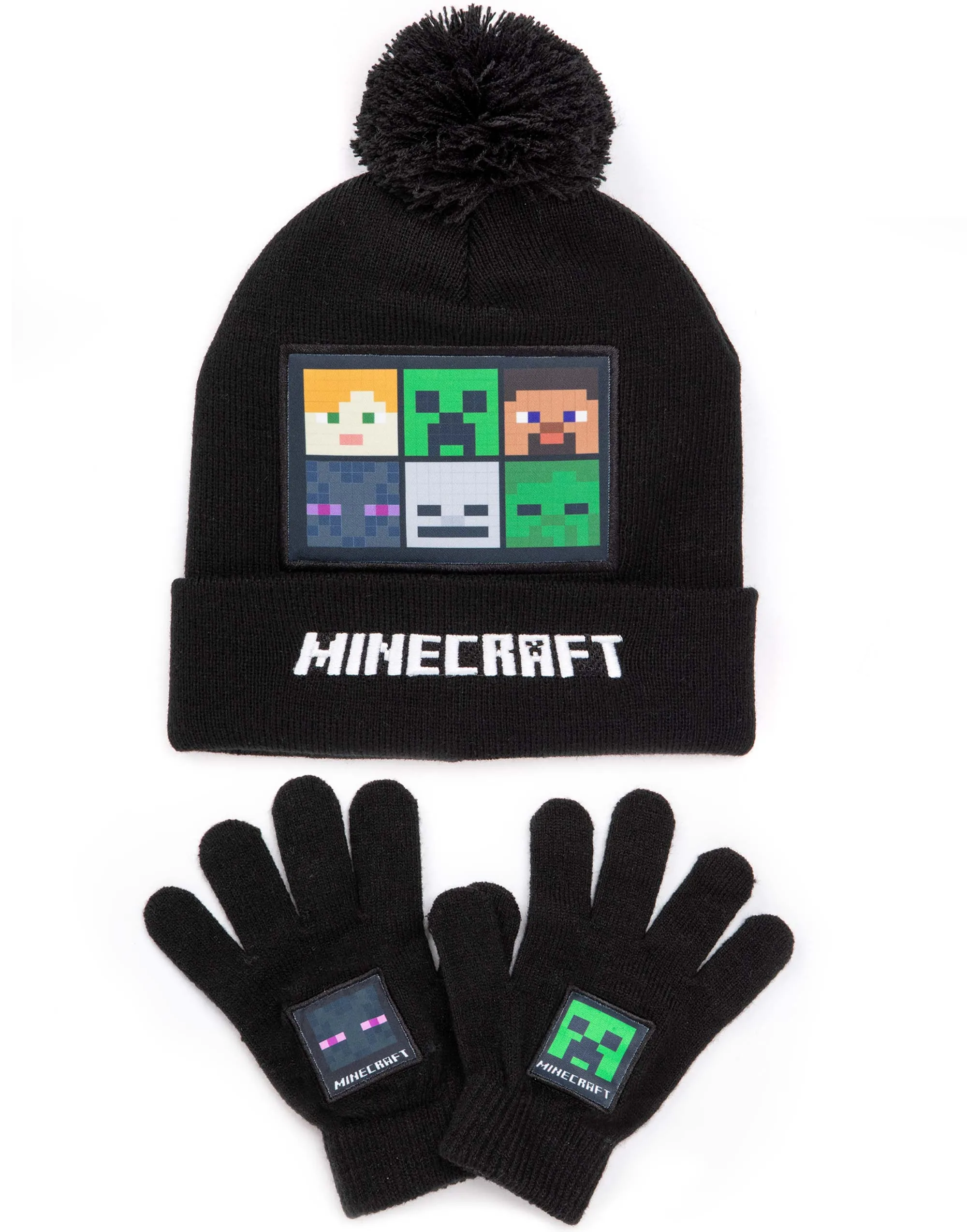 Minecraft Characters Black Beanie , Scarf and Glove Set