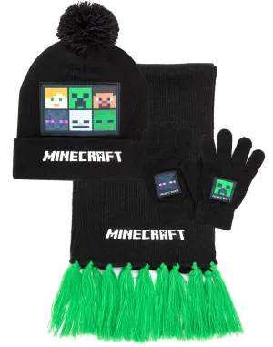 Minecraft Characters Black Beanie , Scarf and Glove Set