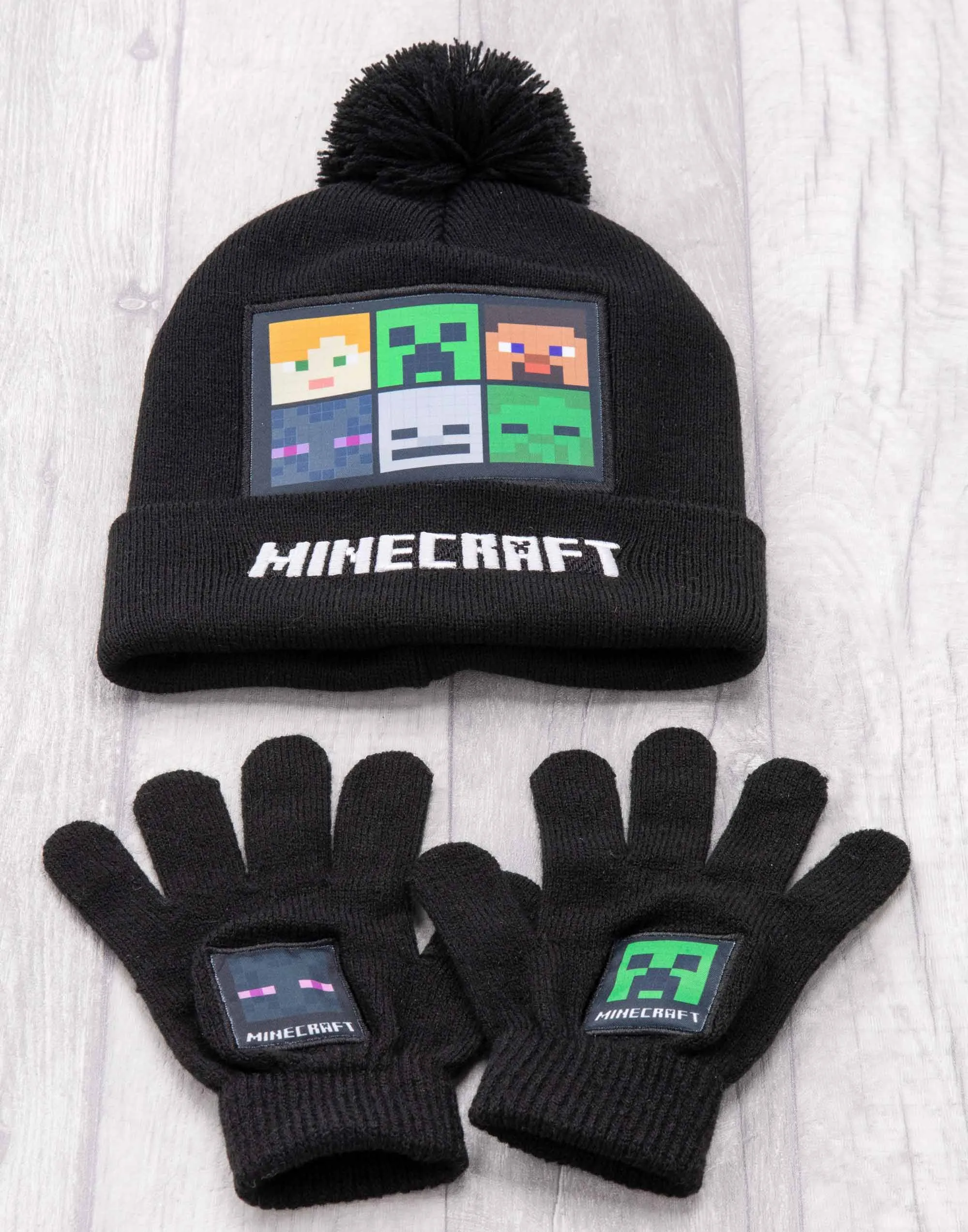 Minecraft Characters Black Beanie , Scarf and Glove Set