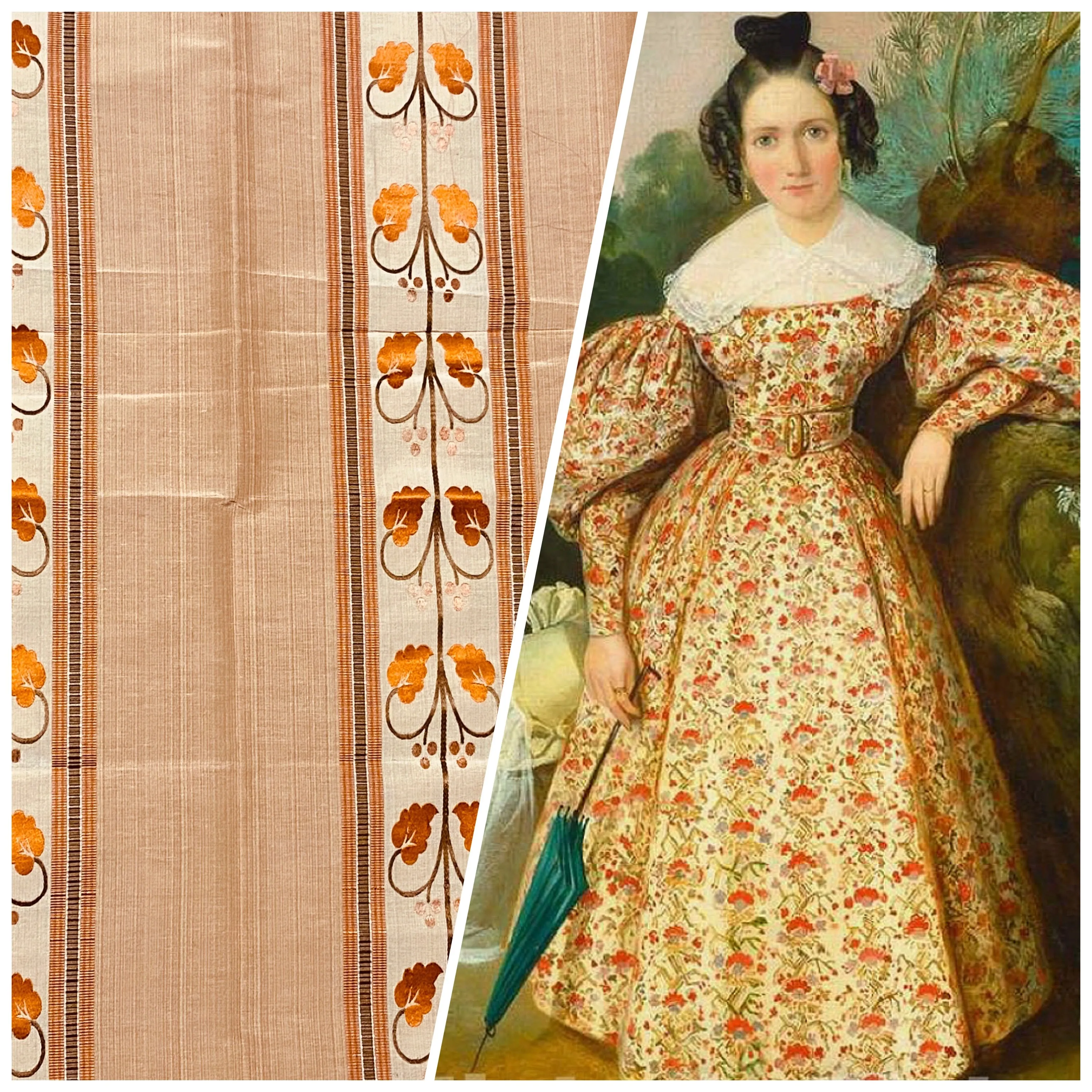 NEW Contessa Bristol 100% Silk Leaf Embroidered Striped Fabric Orange and Cream