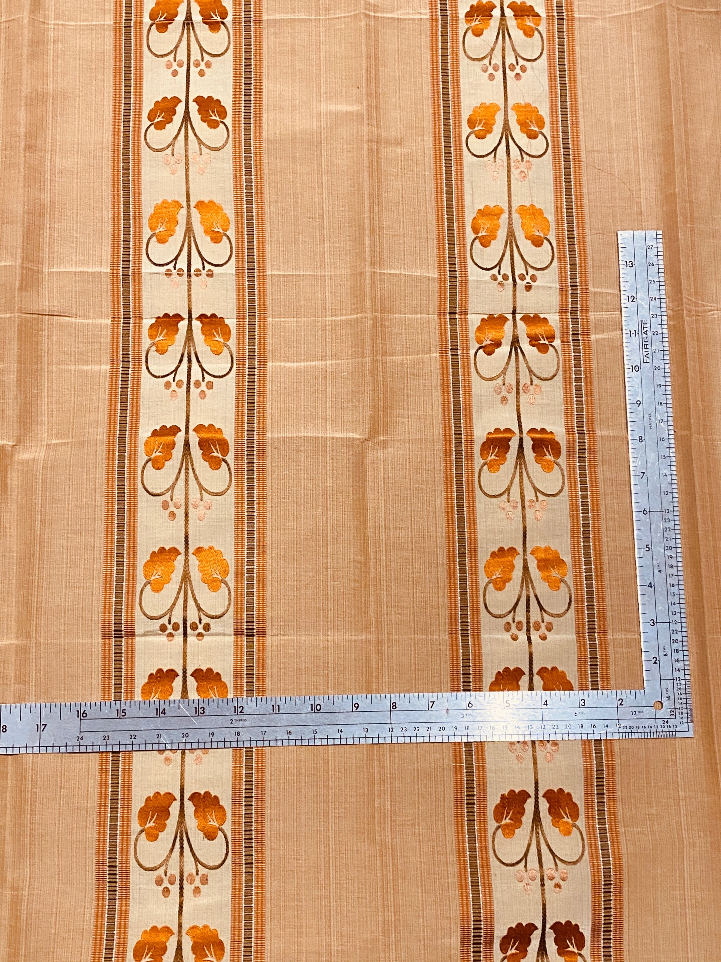 NEW Contessa Bristol 100% Silk Leaf Embroidered Striped Fabric Orange and Cream