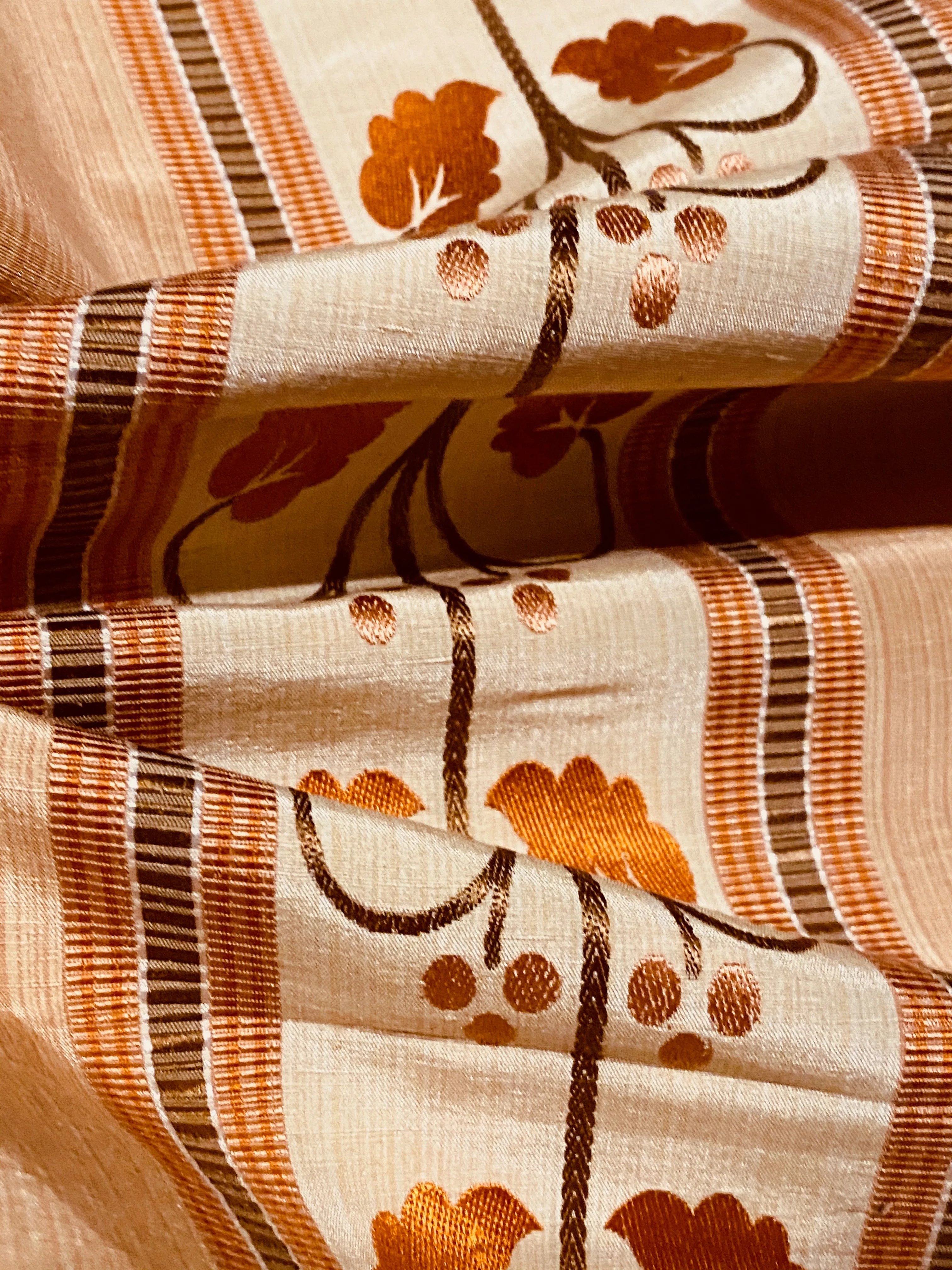 NEW Contessa Bristol 100% Silk Leaf Embroidered Striped Fabric Orange and Cream