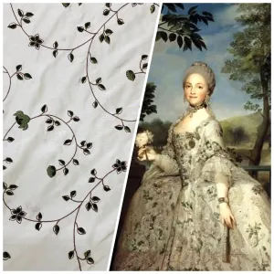 NEW Countess Stephanie 100% Silk Taffeta White Cream with Olive Velvet Embroidered Flowers