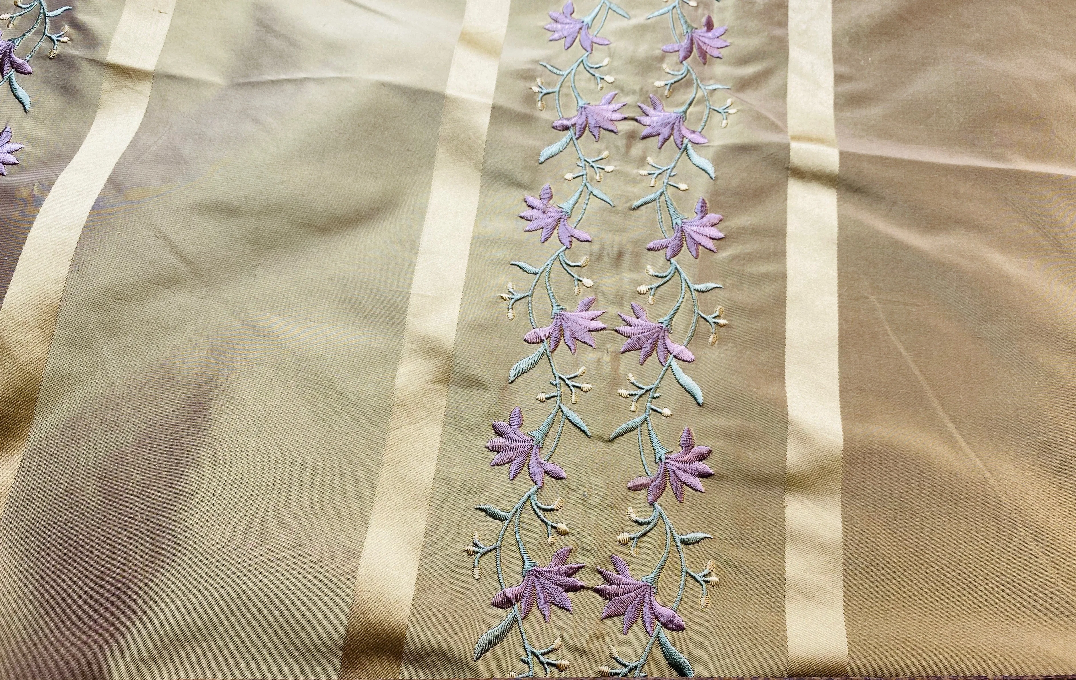 NEW Duchess Adele Designer 100% Silk Taffeta Ribbon Stripe Embroidered Floral Fabric in Gold and Lavender