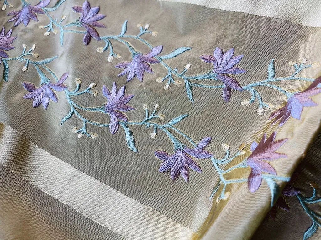 NEW Duchess Adele Designer 100% Silk Taffeta Ribbon Stripe Embroidered Floral Fabric in Gold and Lavender