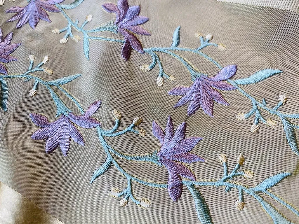 NEW Duchess Adele Designer 100% Silk Taffeta Ribbon Stripe Embroidered Floral Fabric in Gold and Lavender