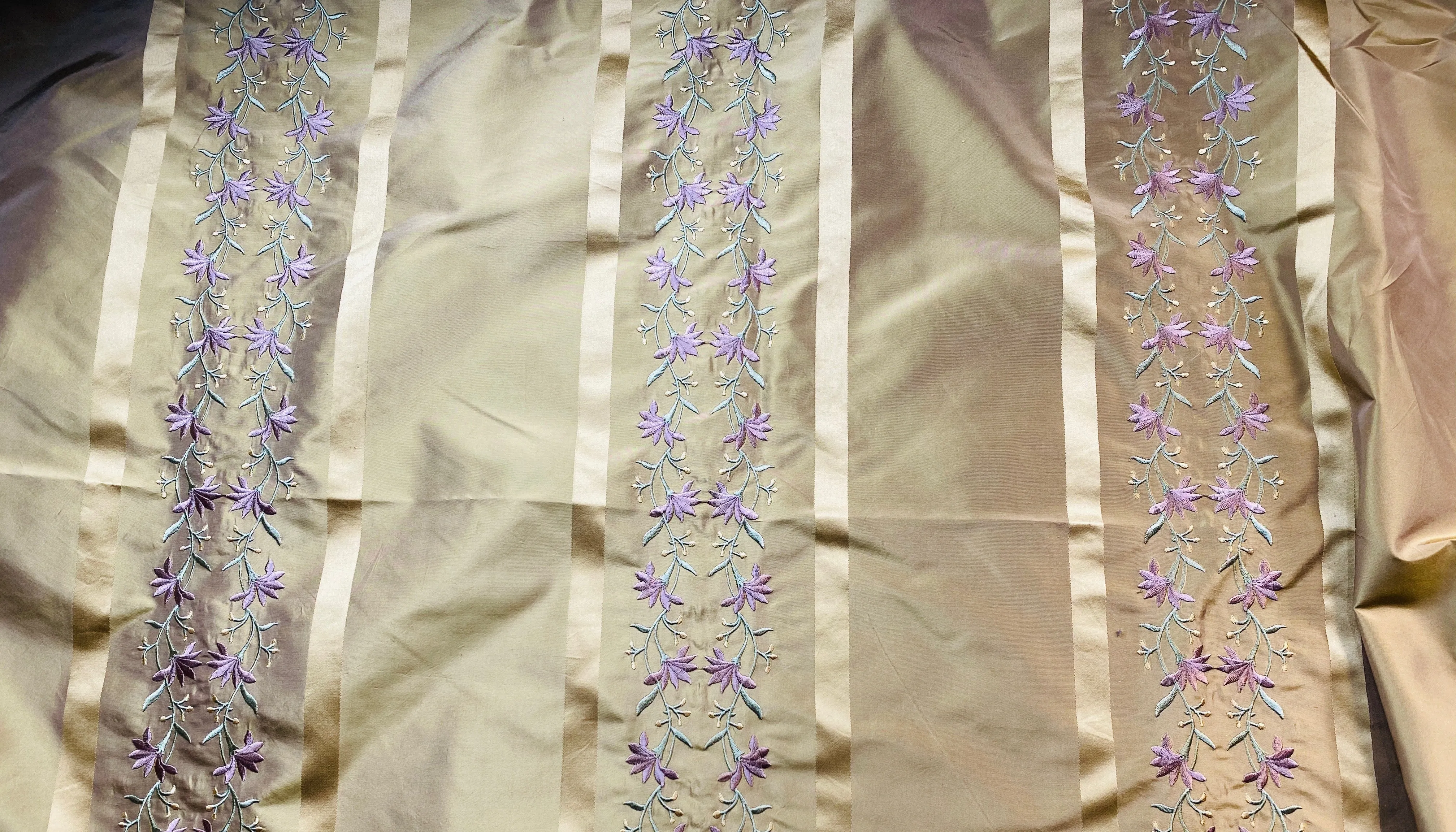 NEW Duchess Adele Designer 100% Silk Taffeta Ribbon Stripe Embroidered Floral Fabric in Gold and Lavender