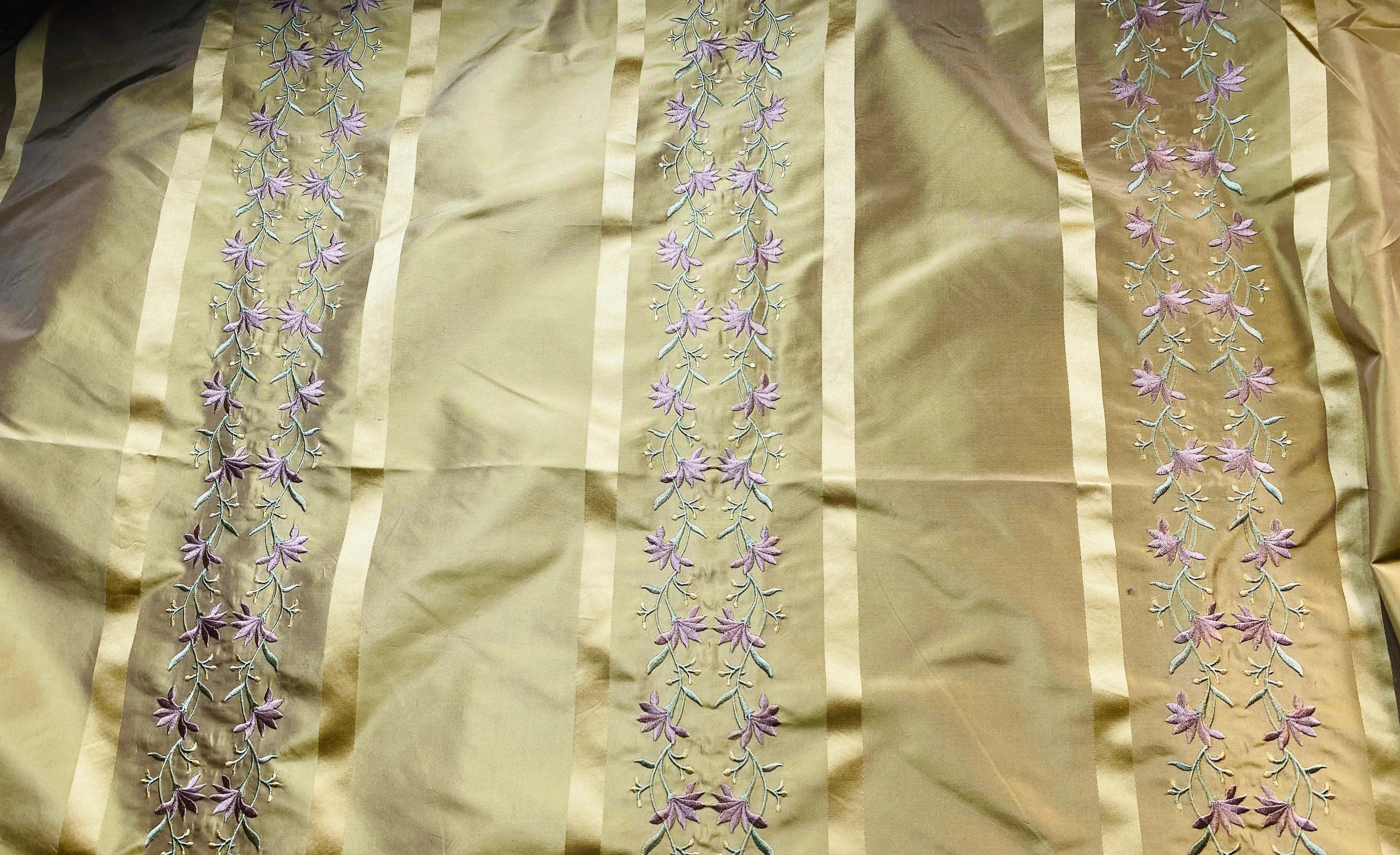 NEW Duchess Adele Designer 100% Silk Taffeta Ribbon Stripe Embroidered Floral Fabric in Gold and Lavender