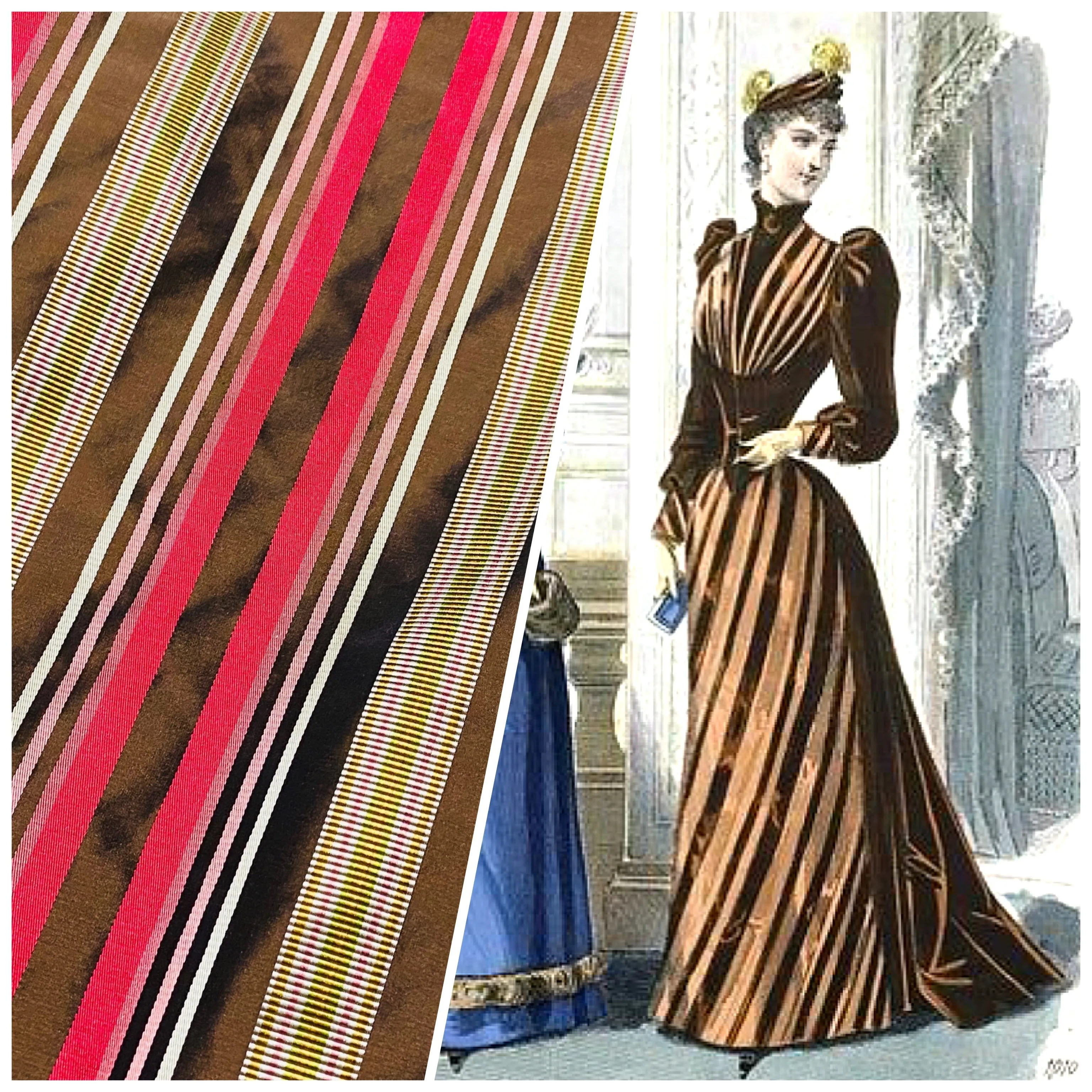 NEW Lady Elenore 100% Silk Taffeta Fabric With Brown and Red Satin Ribbon Stripes