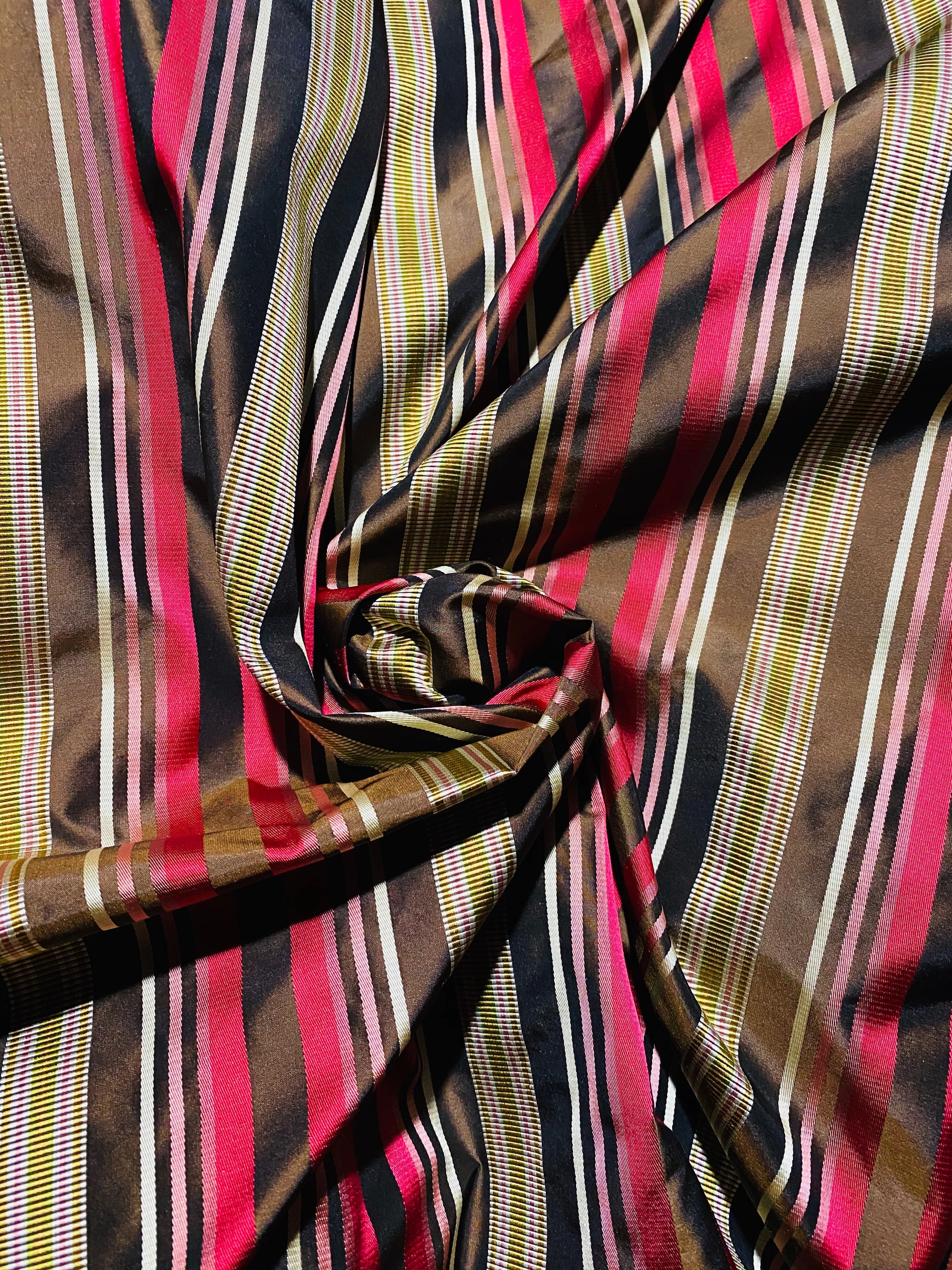 NEW Lady Elenore 100% Silk Taffeta Fabric With Brown and Red Satin Ribbon Stripes