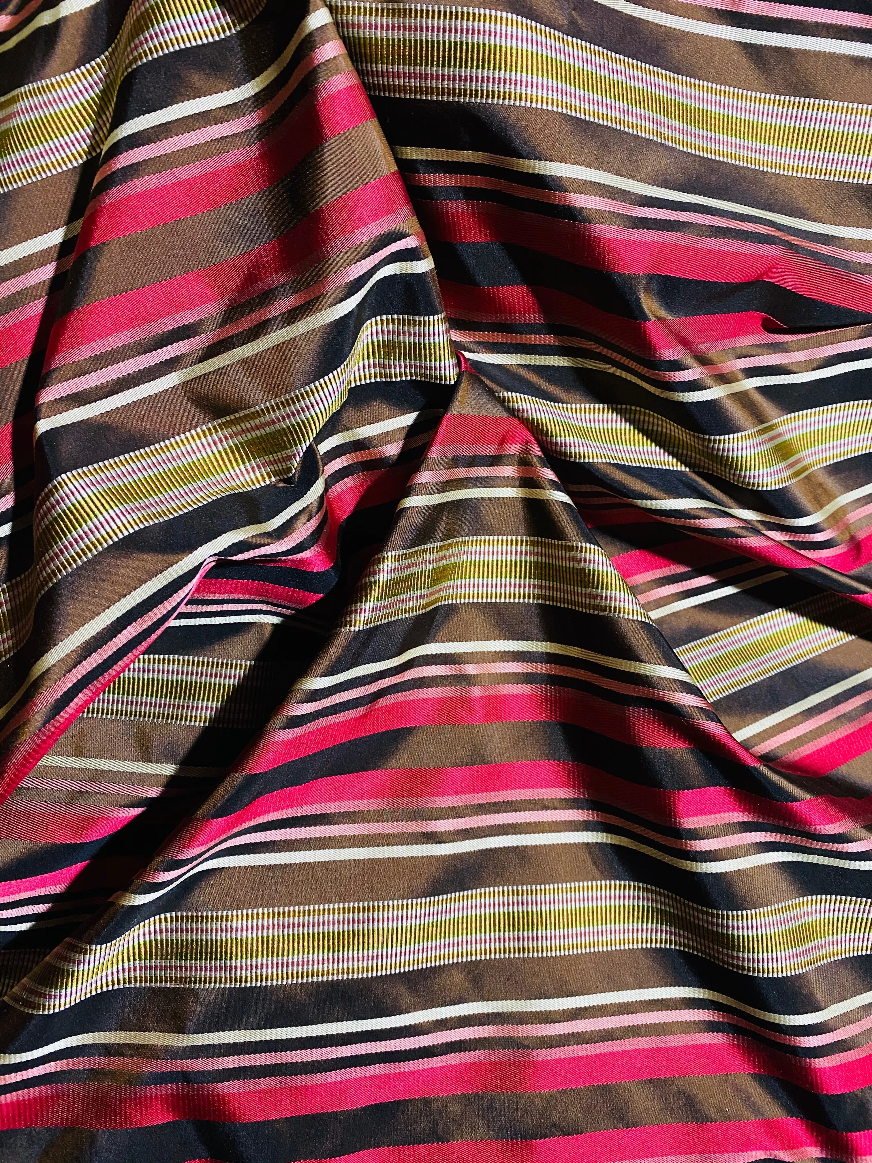 NEW Lady Elenore 100% Silk Taffeta Fabric With Brown and Red Satin Ribbon Stripes